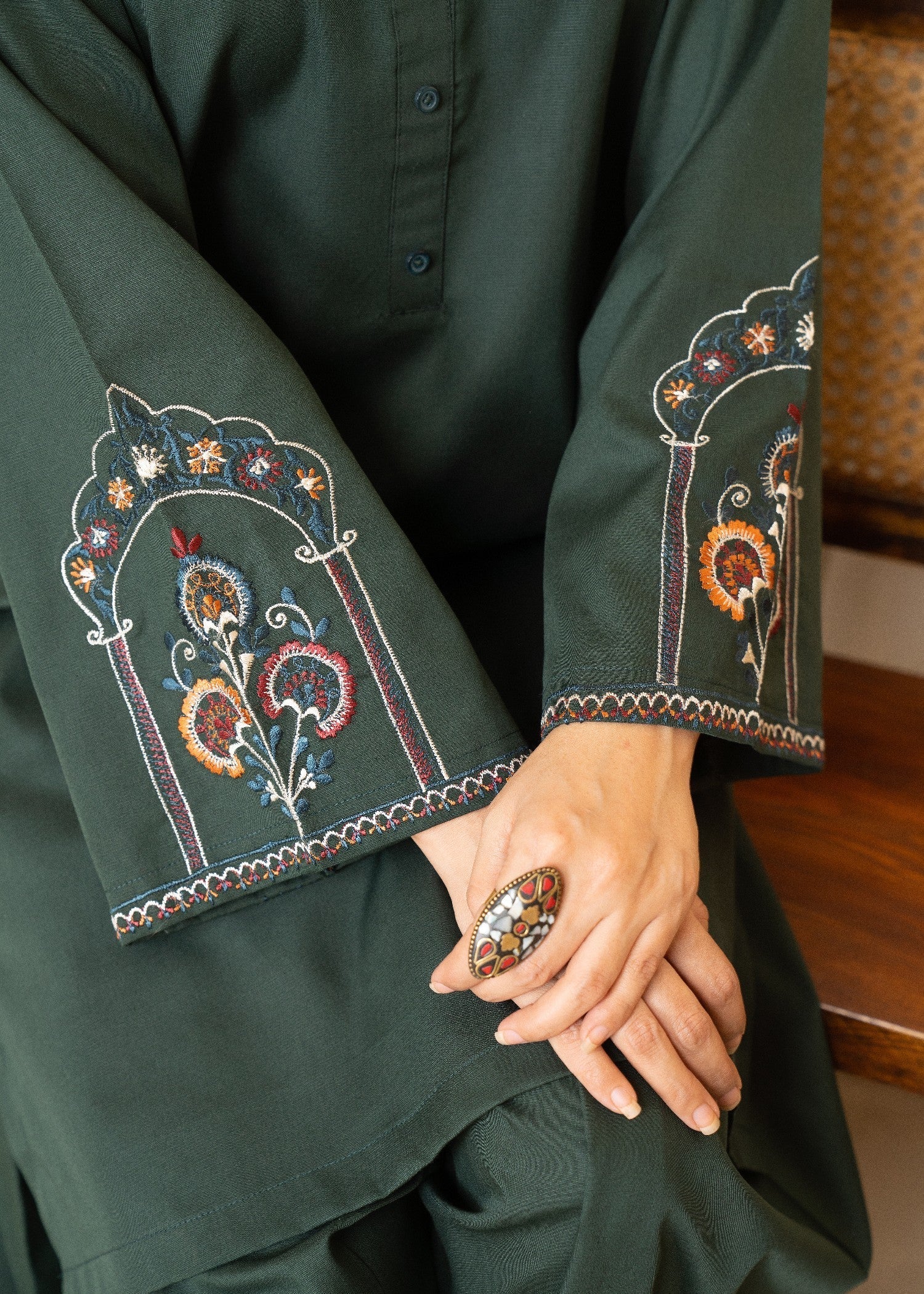 twill khaddar Kurta Set in Dark green