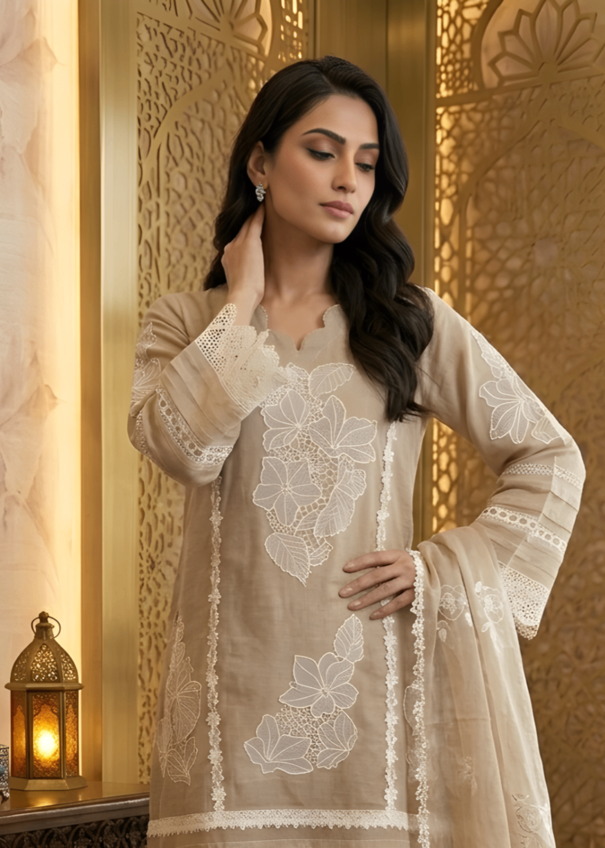 khaddi net Kurta Set in Camel brown