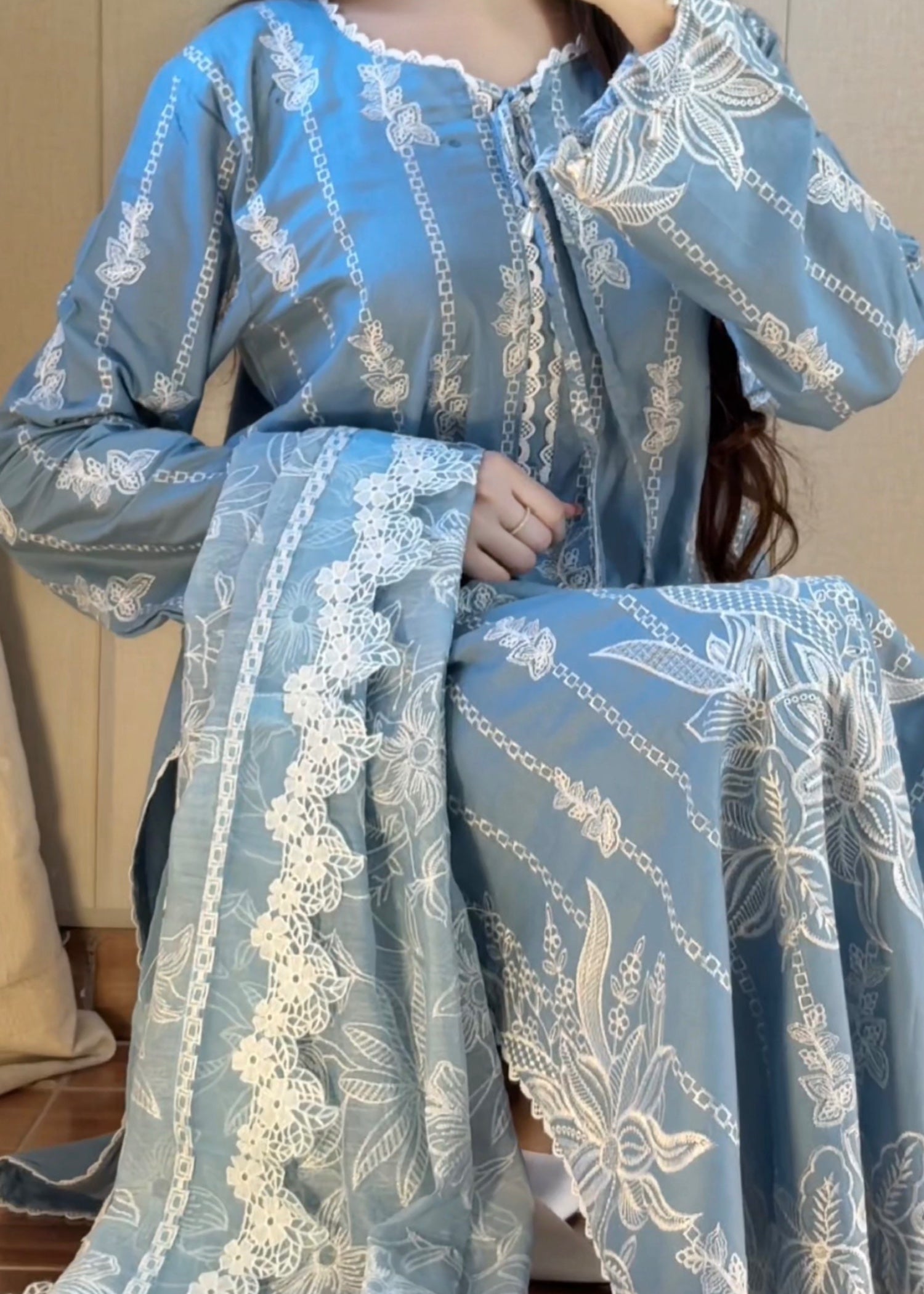 lawn Kurta Set in Ice blue, white, duck egg grey