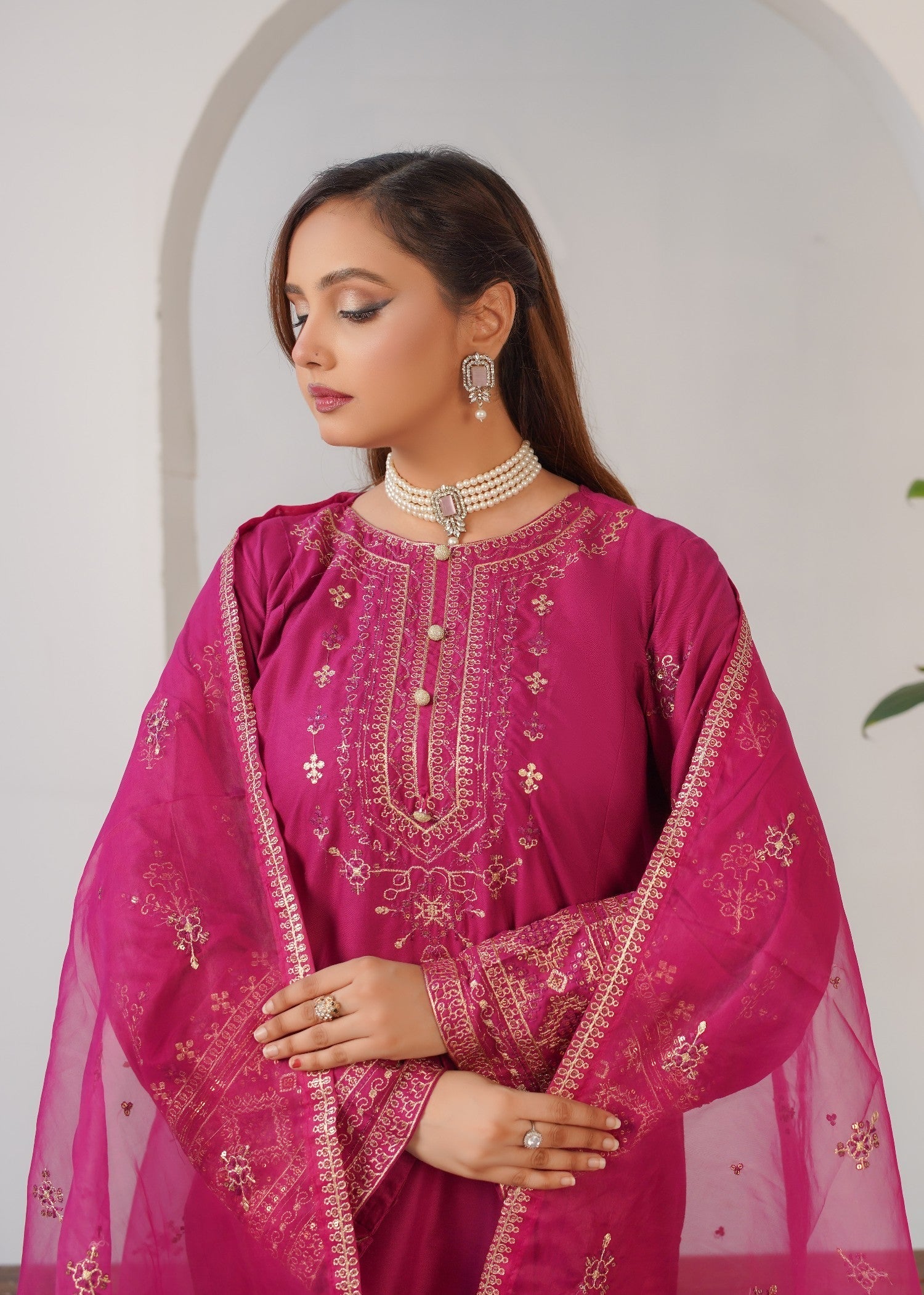 linen Kurta Set in Deep pink
