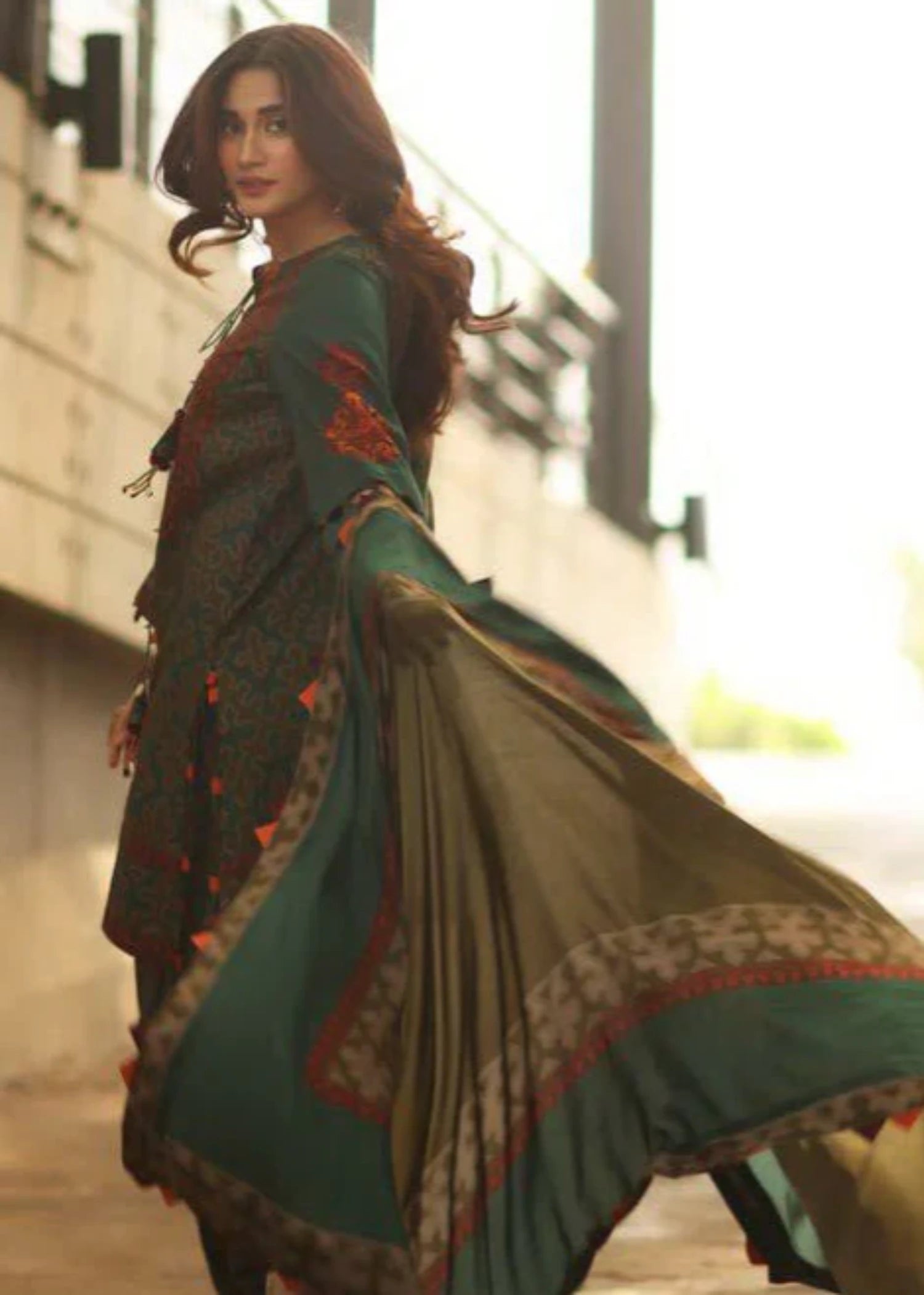 lawn Kurta Set in Dark green