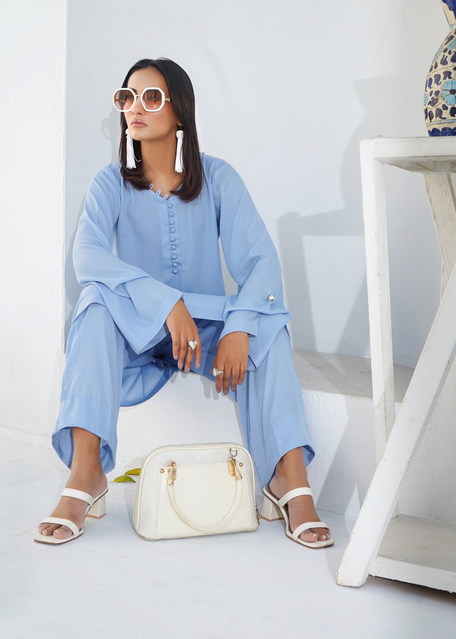 silk georgette Co Ord Sets in Ice blue