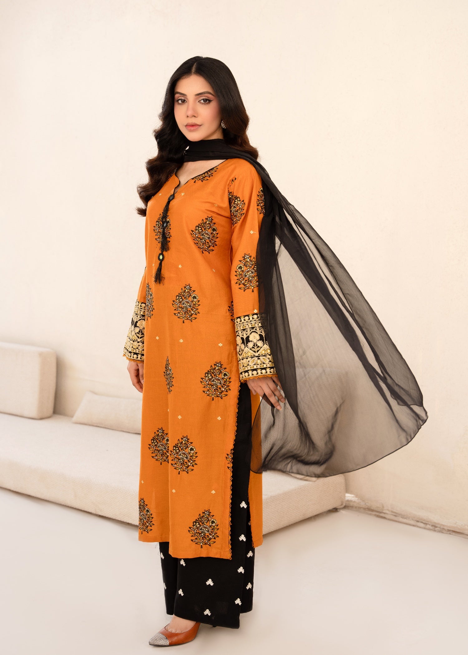 cambric Kurta Set in Yellow-orange