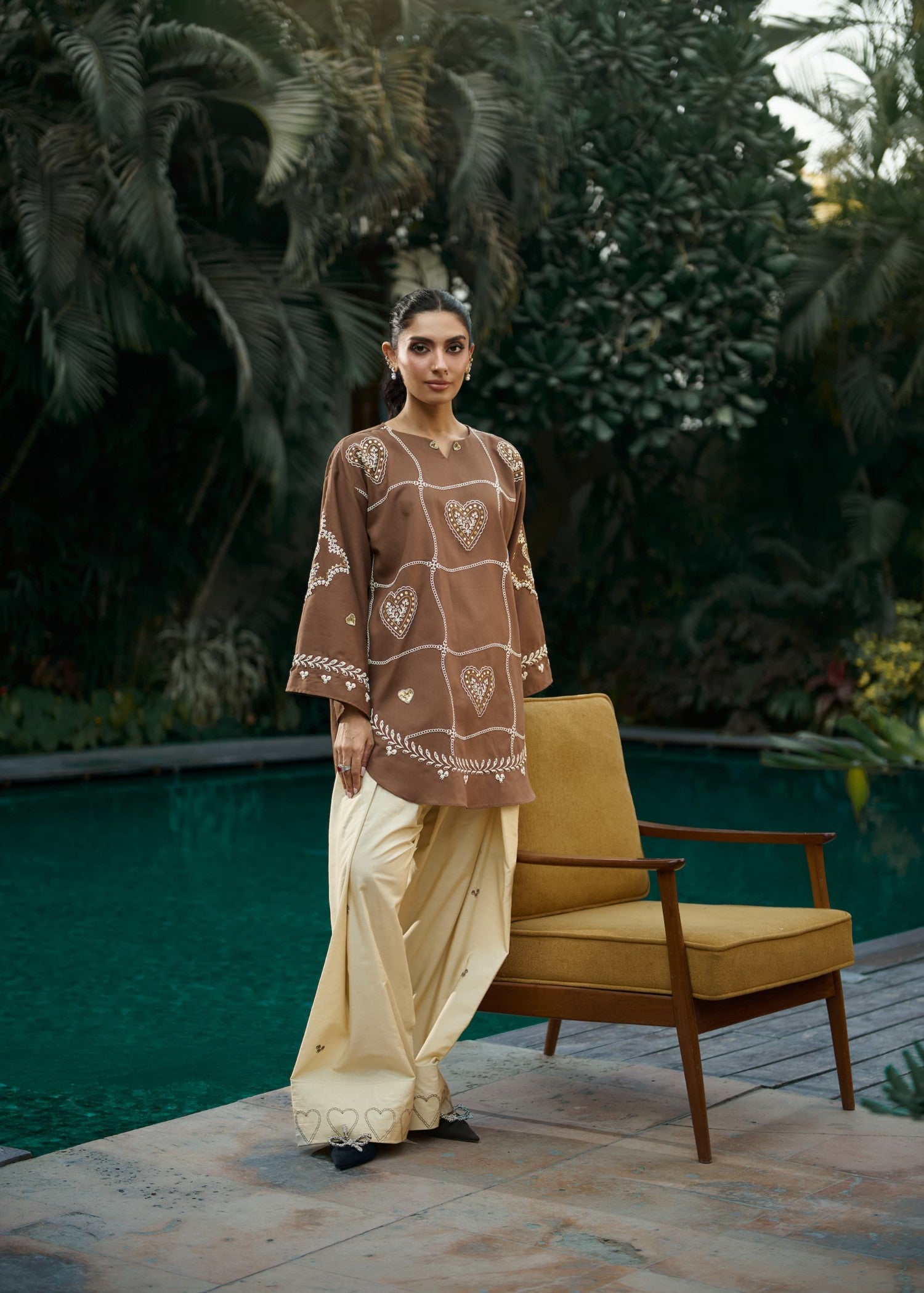 cotton Kurta Set in Brown, cream