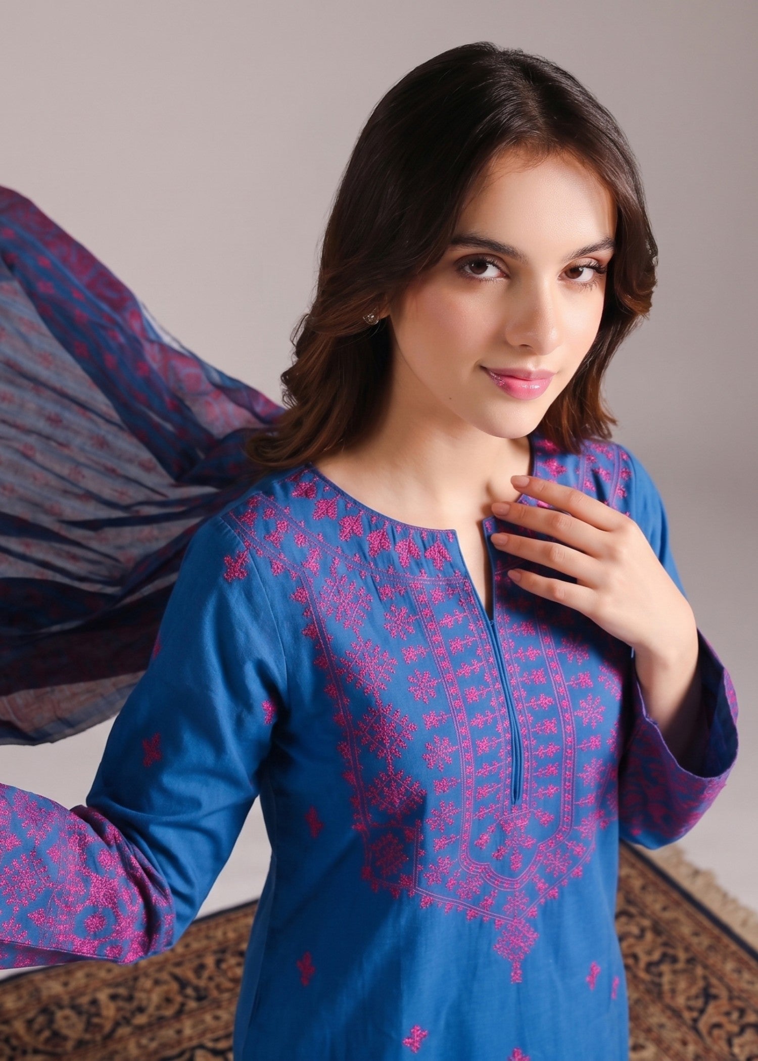 lawn cotton Kurta Set in Cerulean
