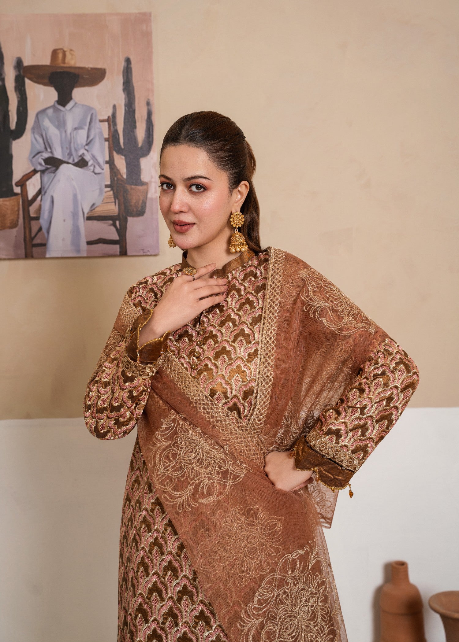 kattan silk Kurta Set in Tan brown, peanut