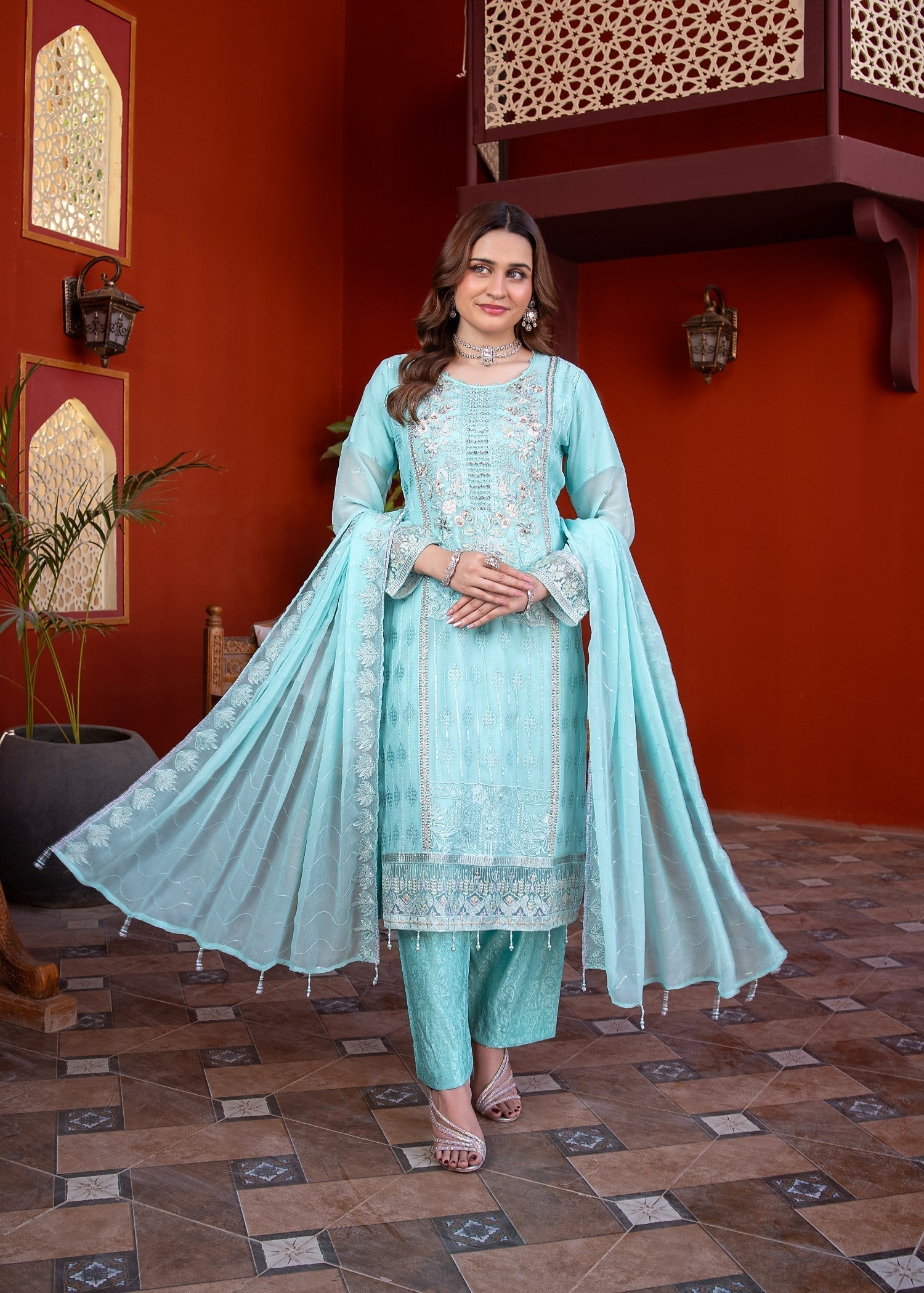 chiffon Unstitched in Aquamarine