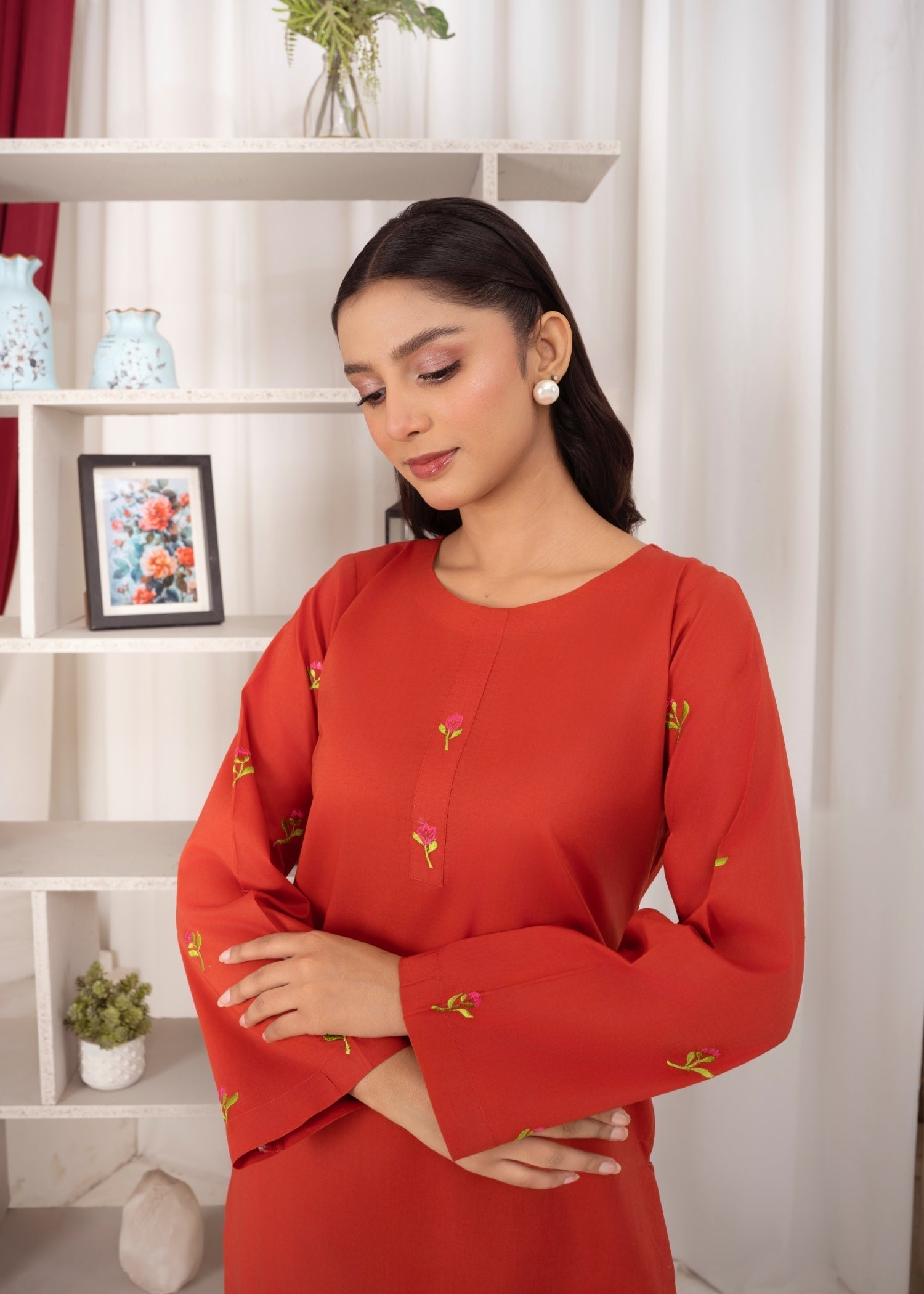 lawn Kurta Set in Carnation red