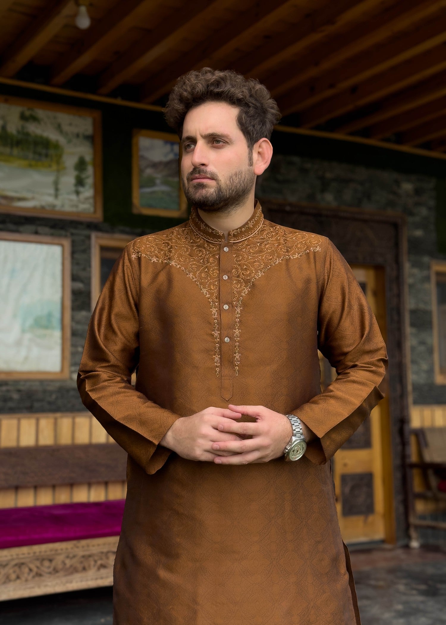 traditional jamawar Kurta in Copper
