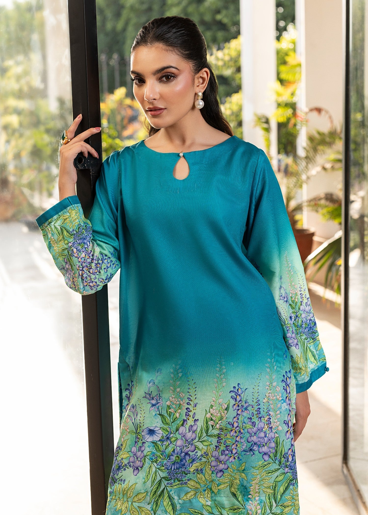 silk finish lawn Kurta Set in Steel blue