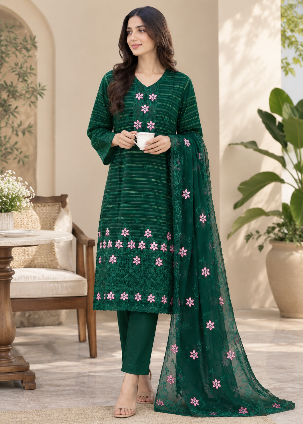 linen Kurta Set in Forest green