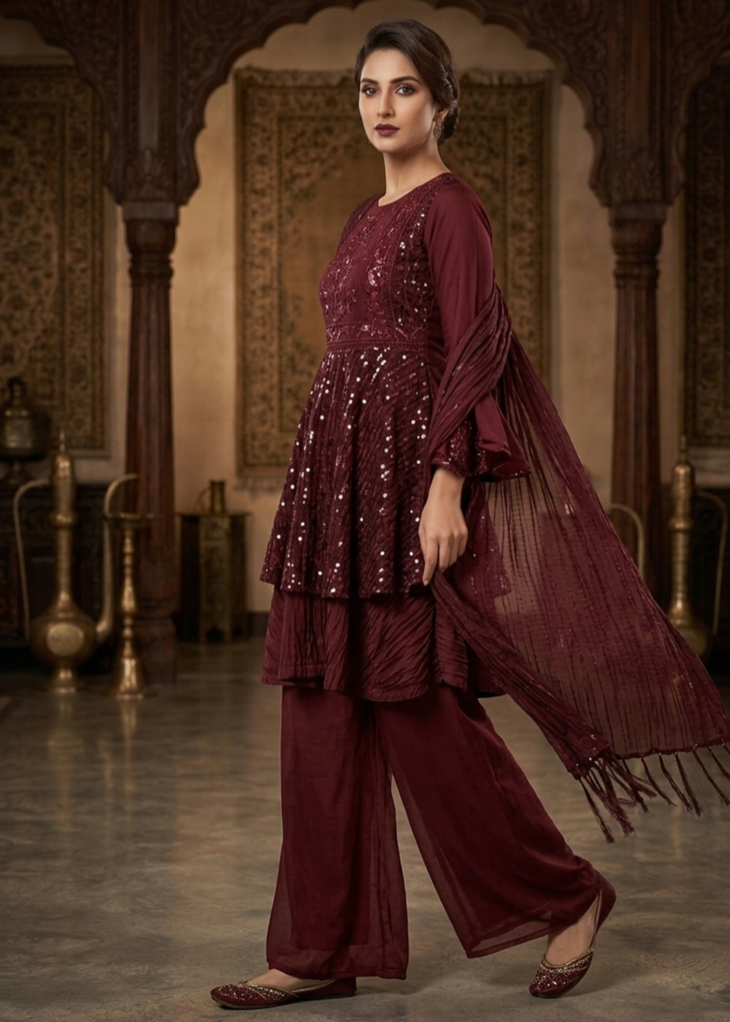 satin silk Short Frock in Maroon
