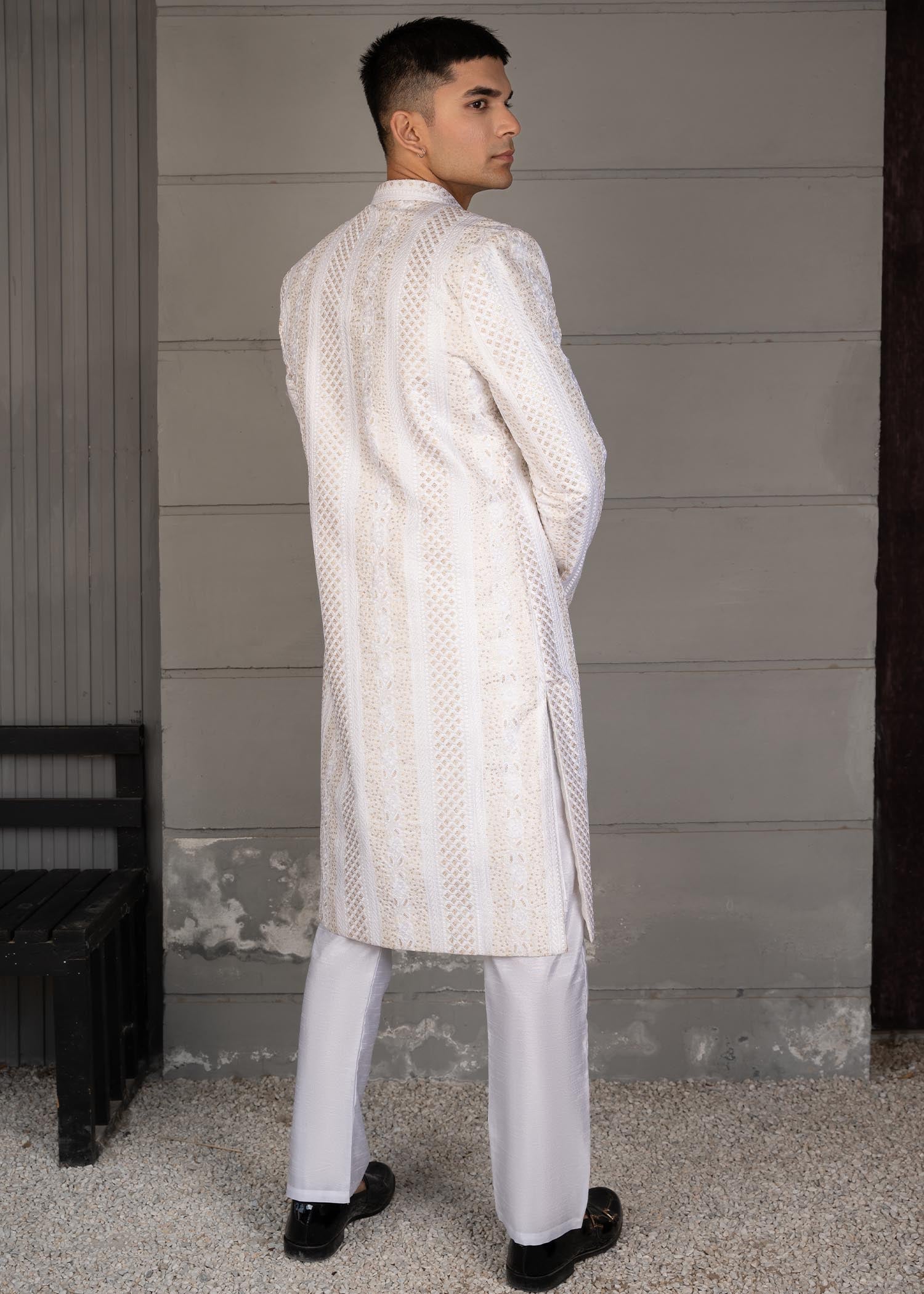 silk Sherwani in White by Dress Designers