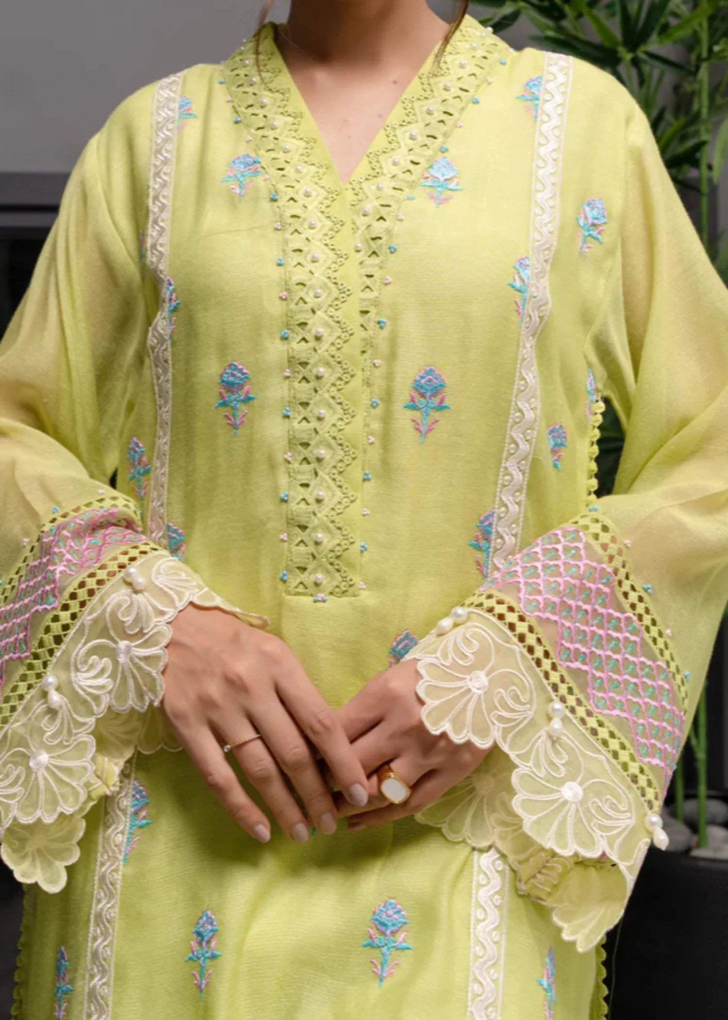 khaddi net Kurta Set in Lime green