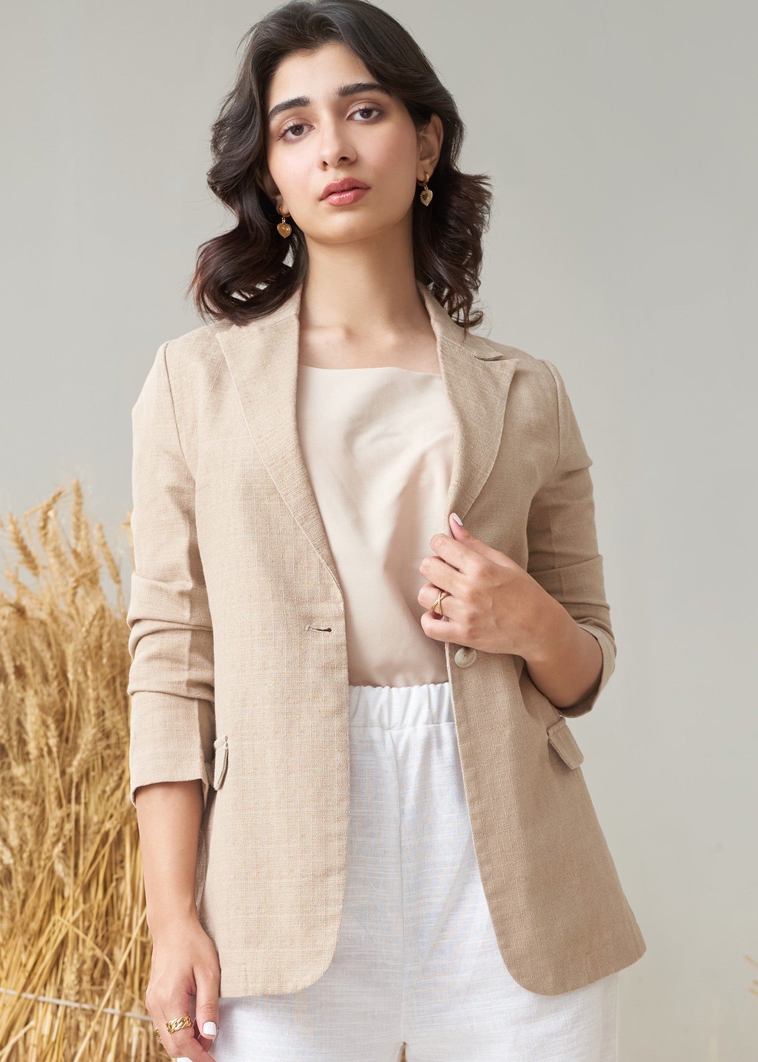 injected slub Blazer in Khaki brown