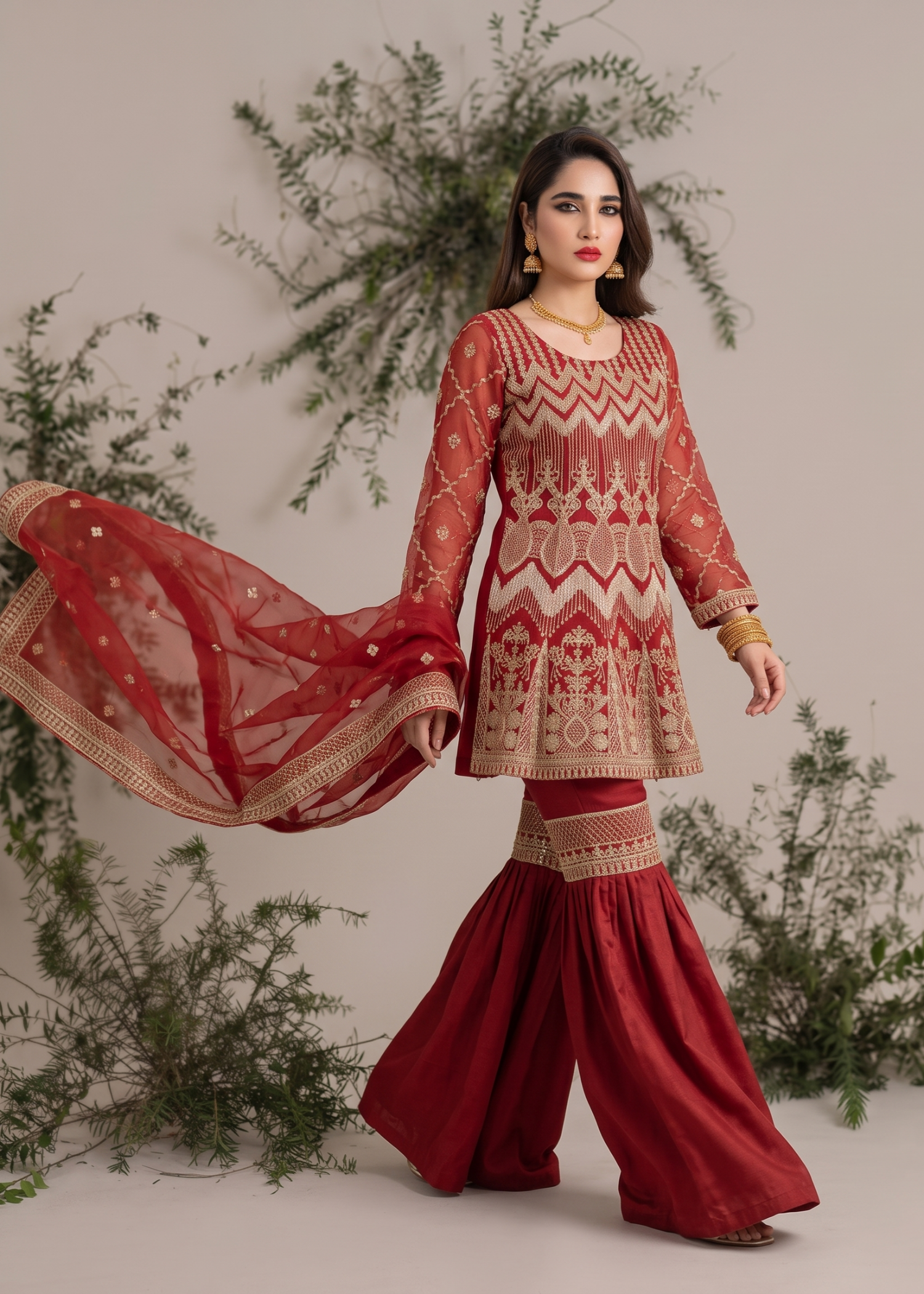 organza Gharara in Red