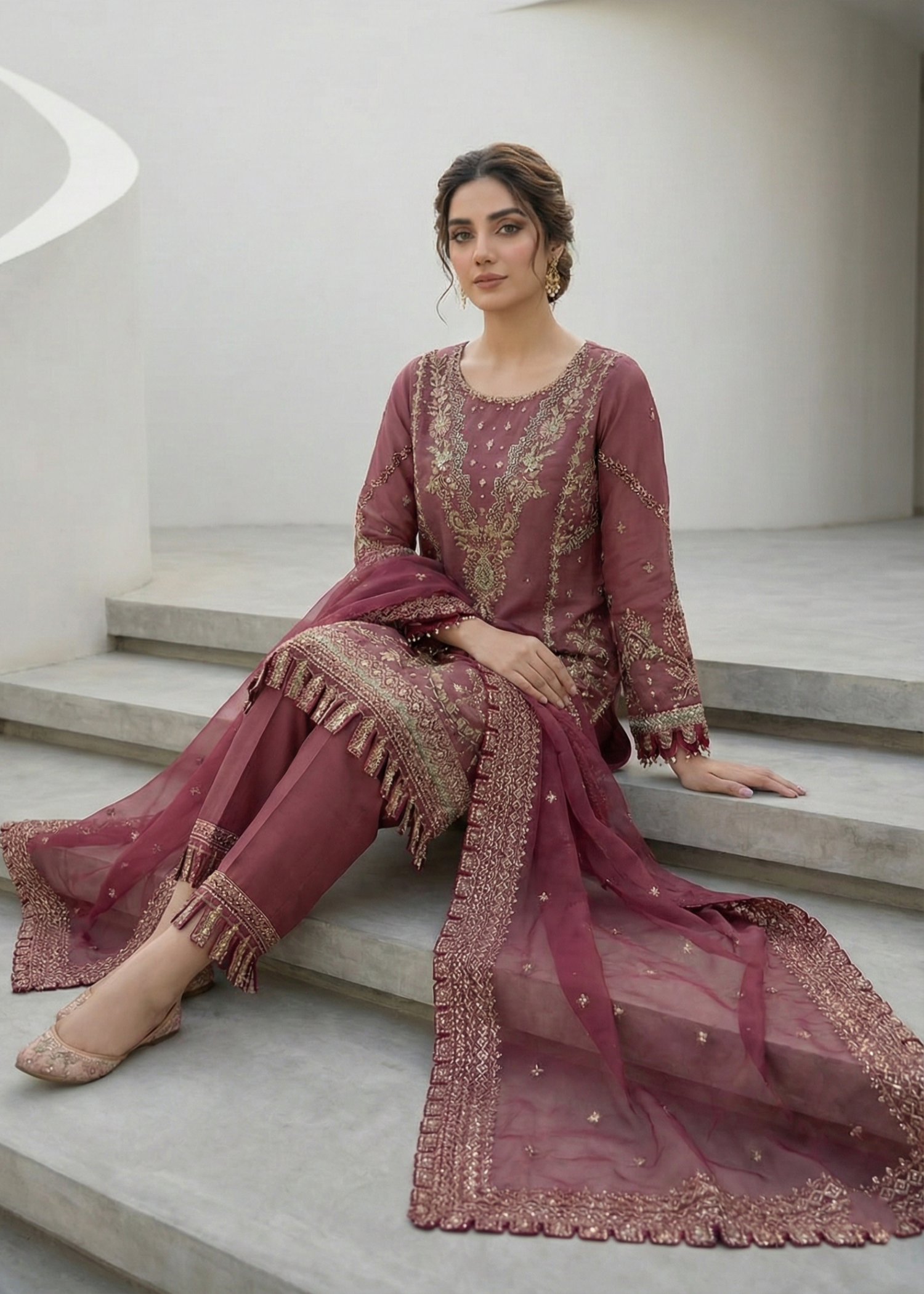 organza Kurta Set in Mauve pink
