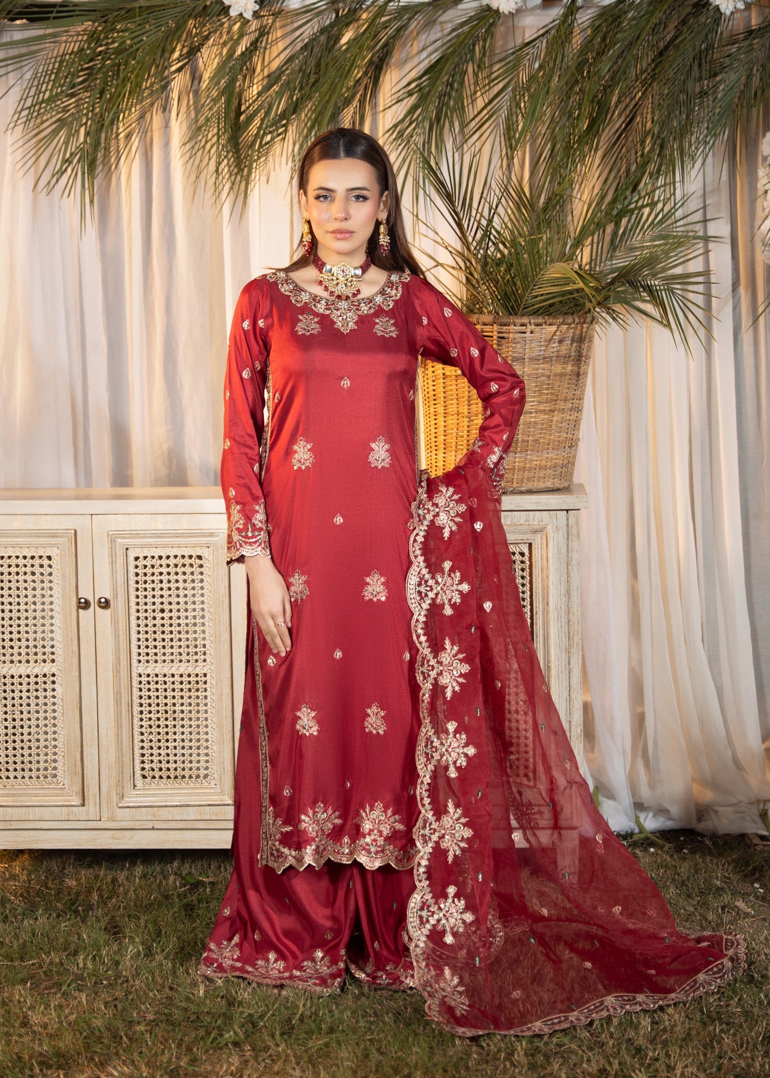 silk Sharara in Cardinal red