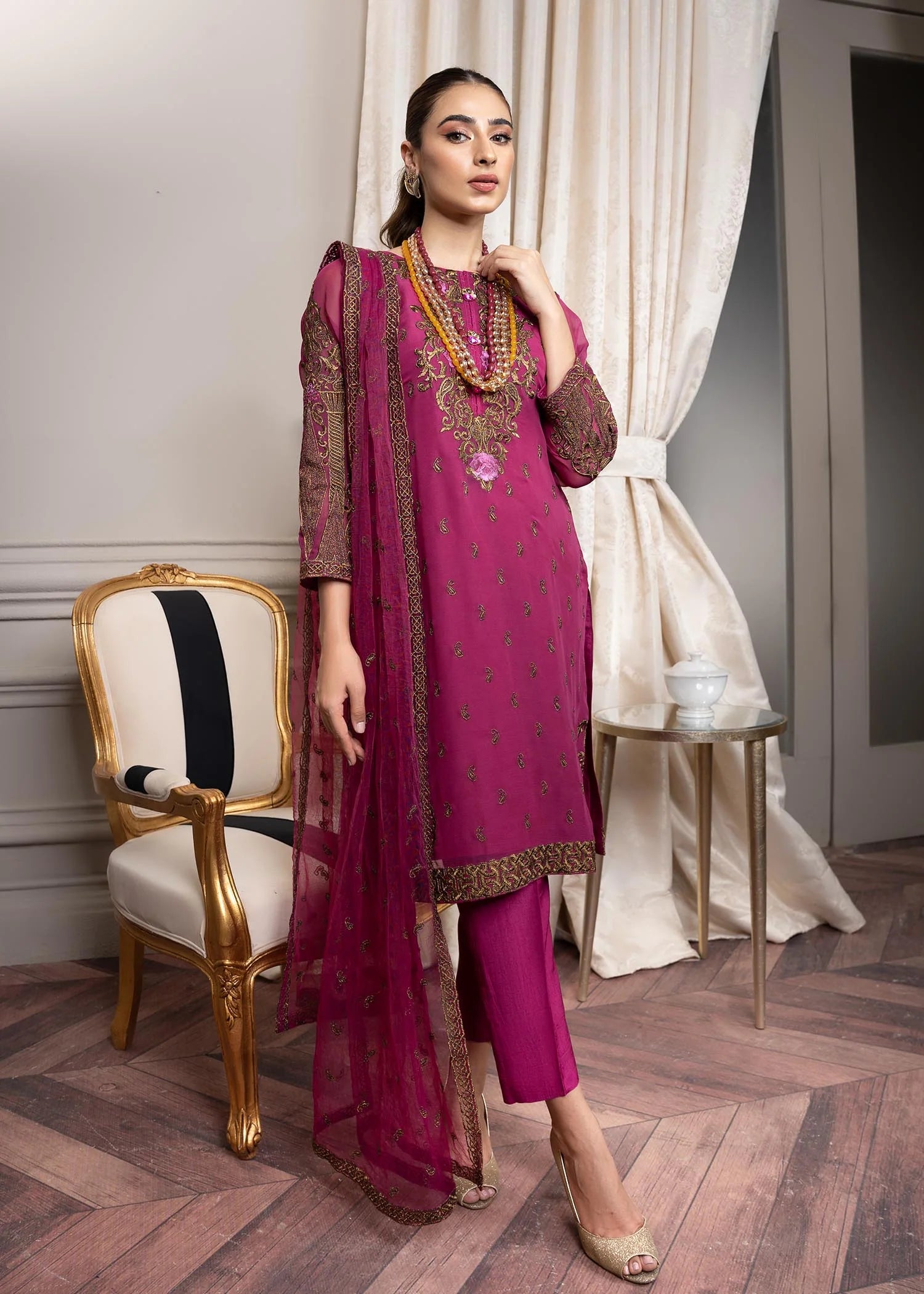 chiffon Kurta Set in Magenta