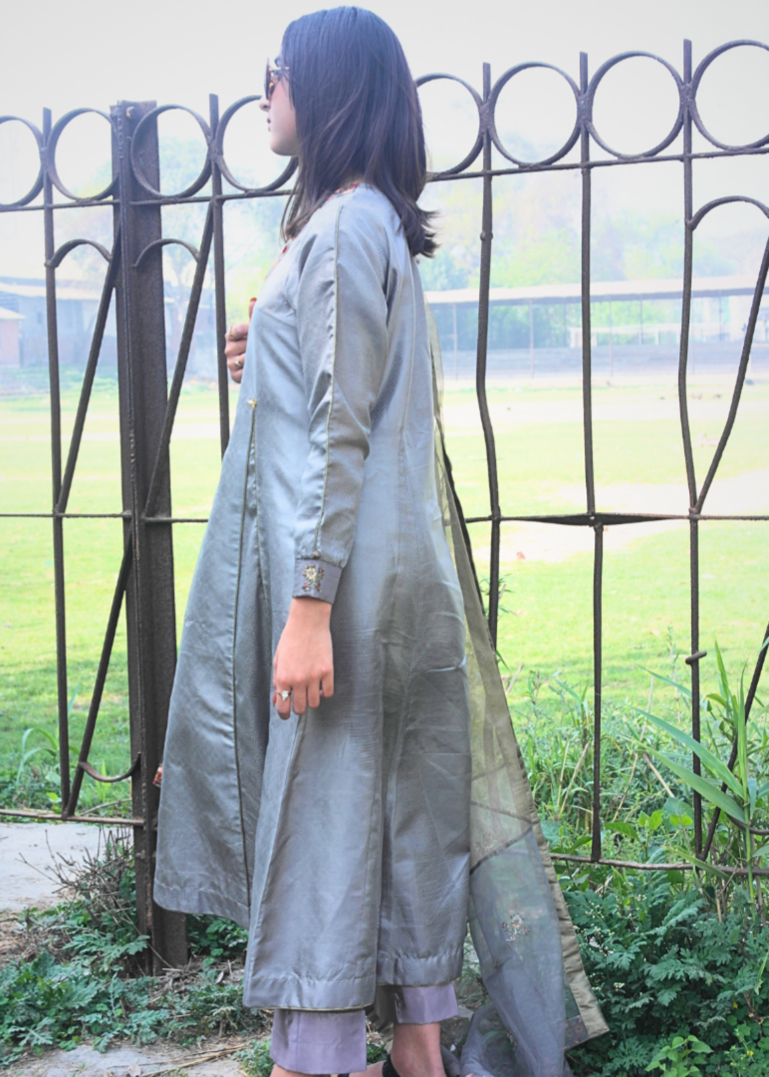jacquard silk Anarkali in Ash grey