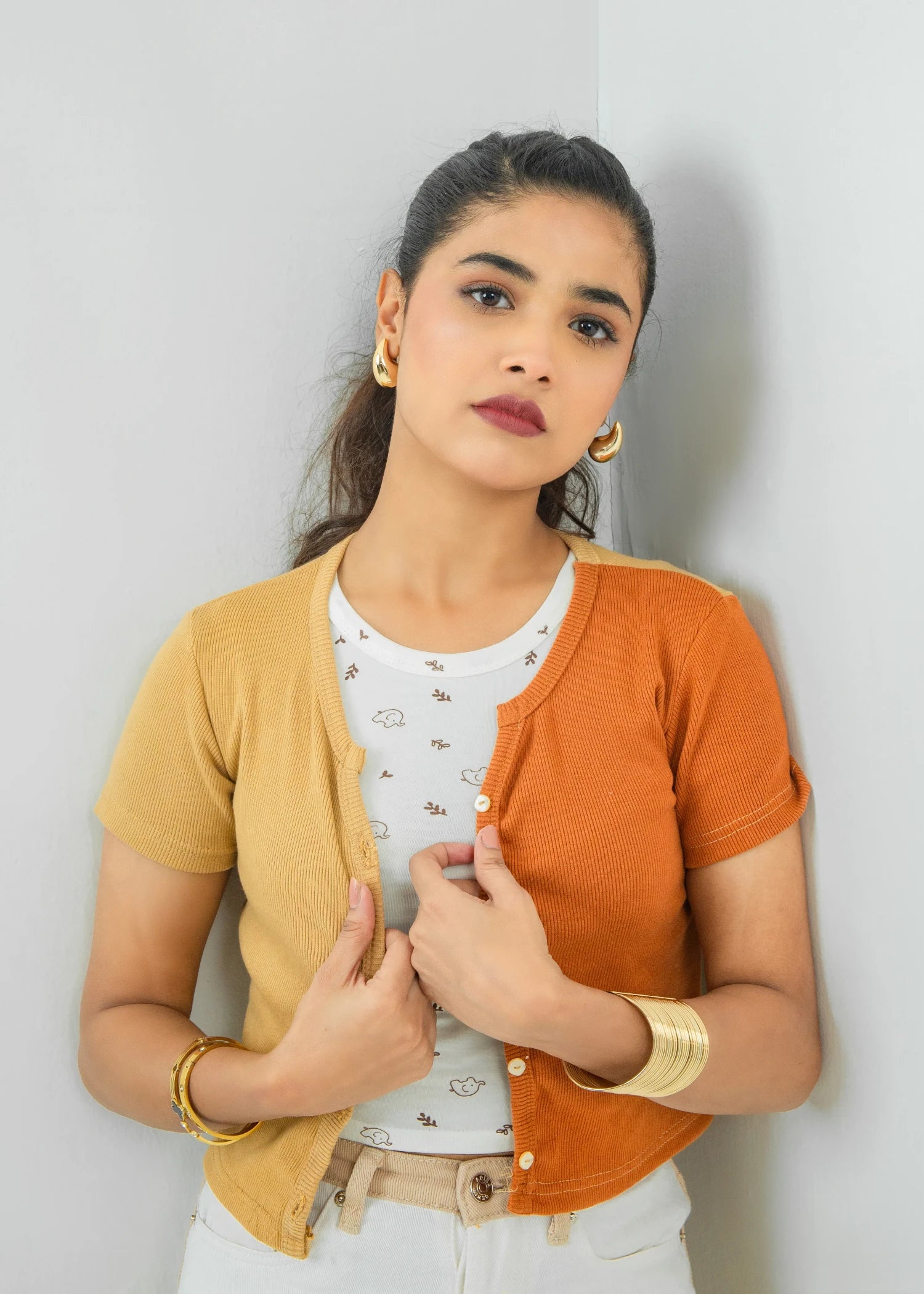 jersey knit Top in Camel brown, flame