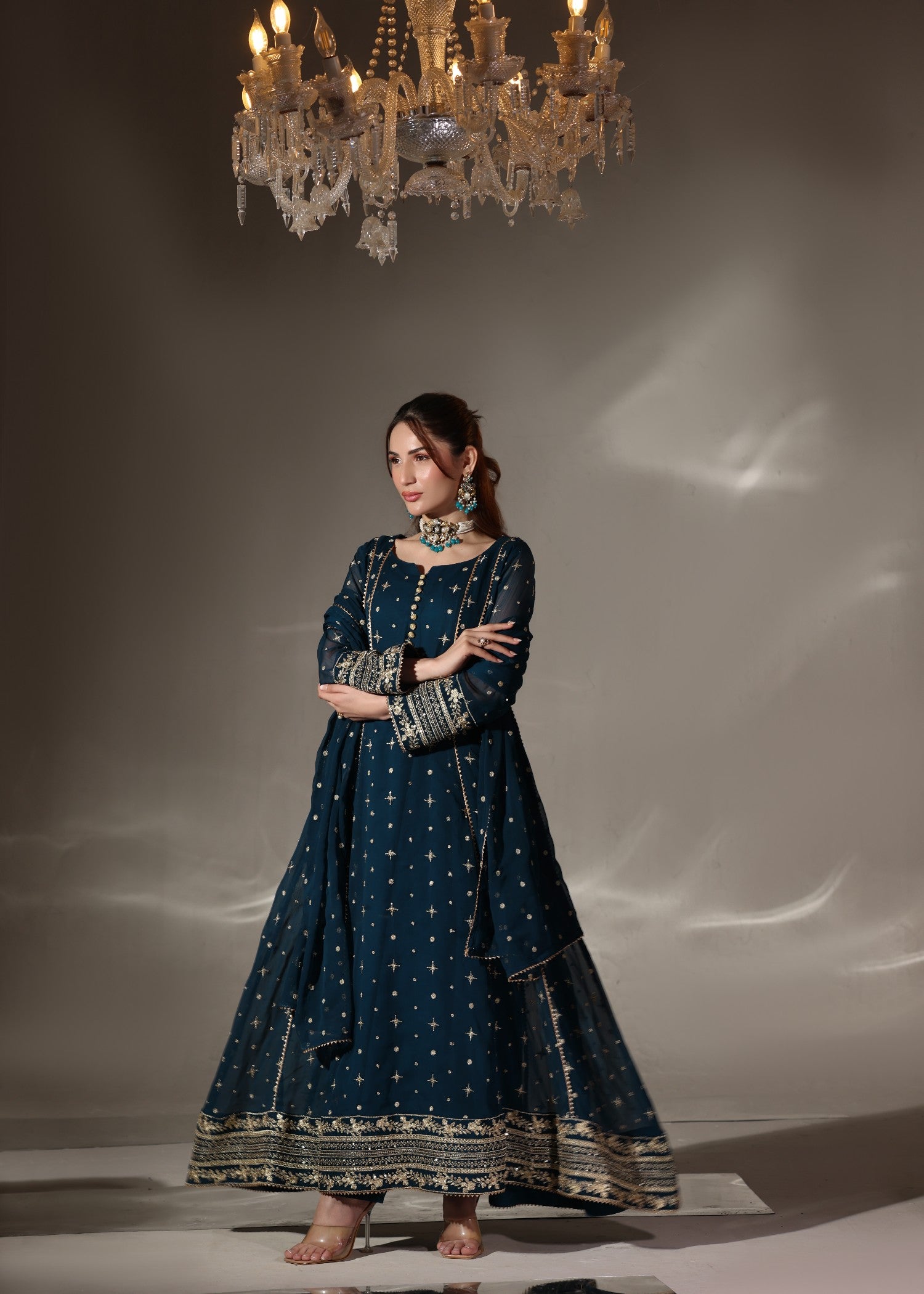 chiffon Pishwas in Teal