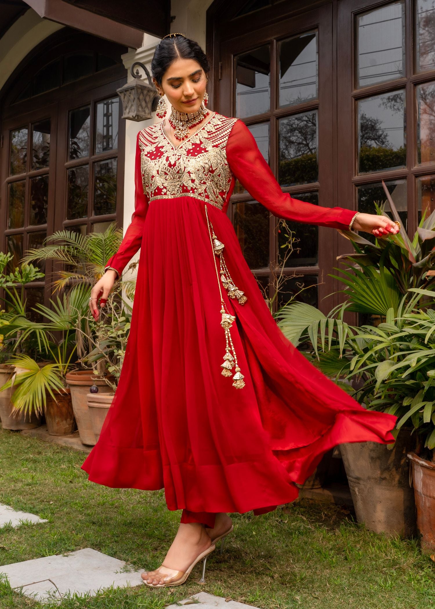 bemberg crinkle chiffon Angrakha in Red