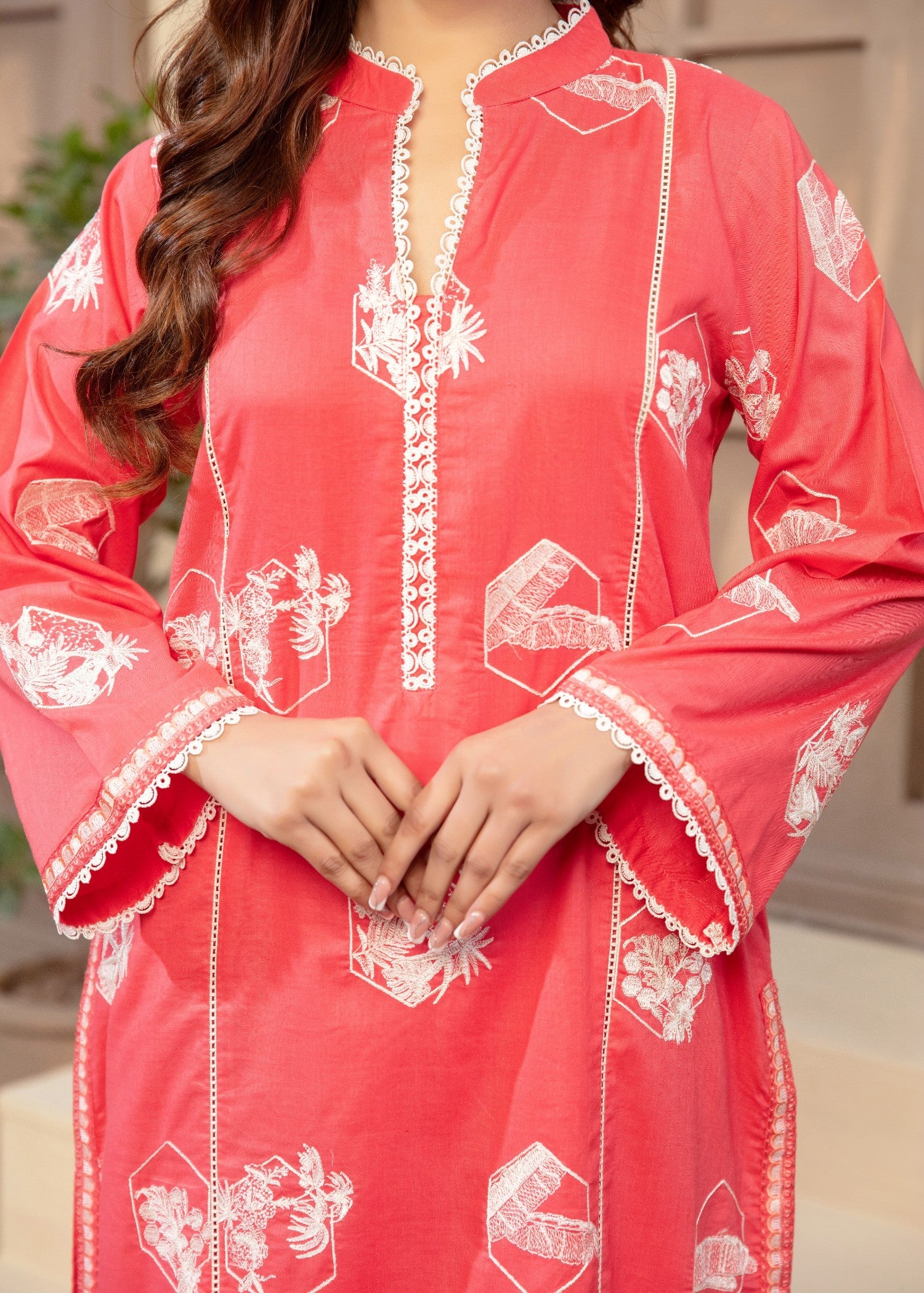 slub lawn Kurta Set in Coral pink