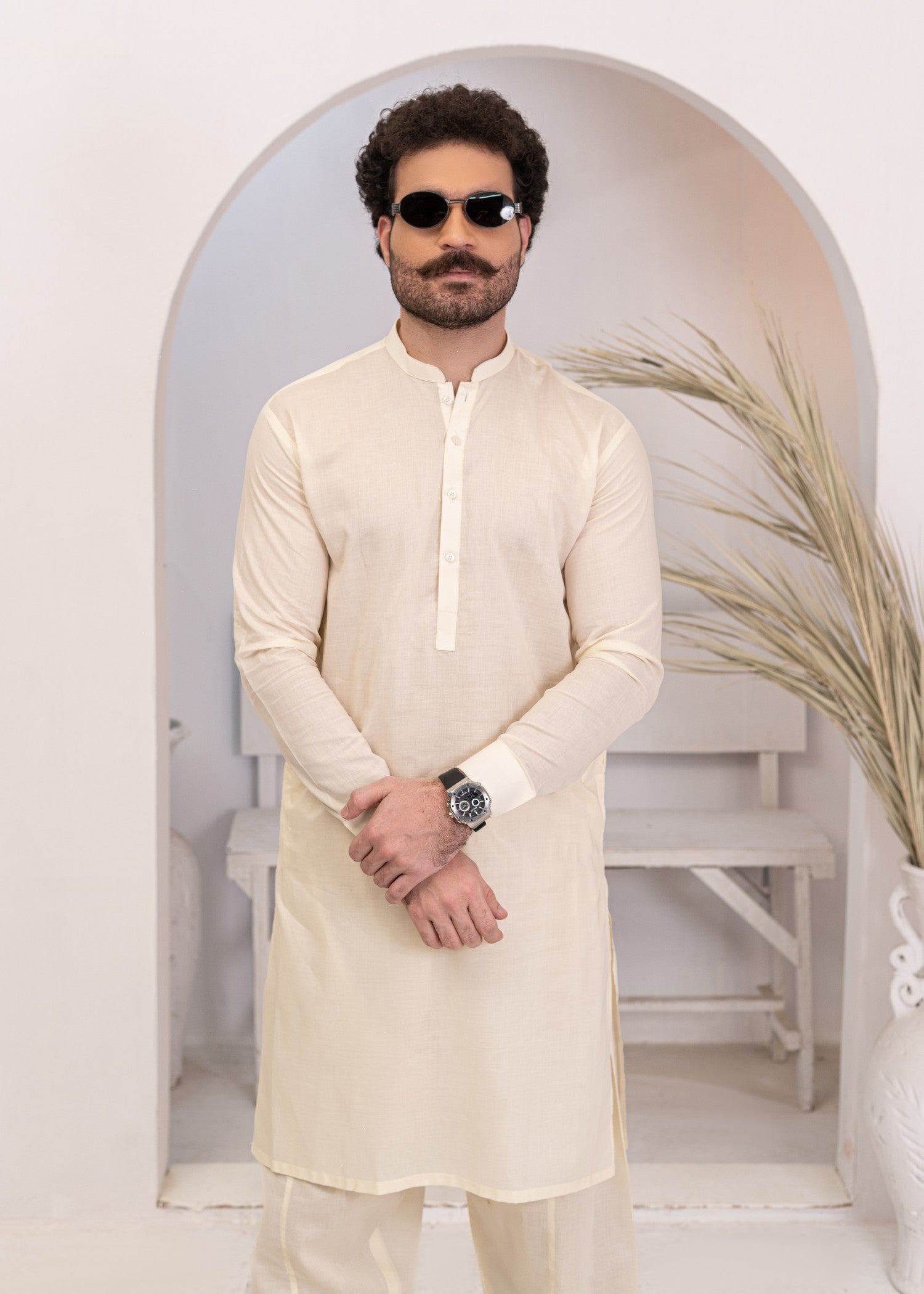 cotton Shalwar Kameez in Cream by Hassan Jee Men
