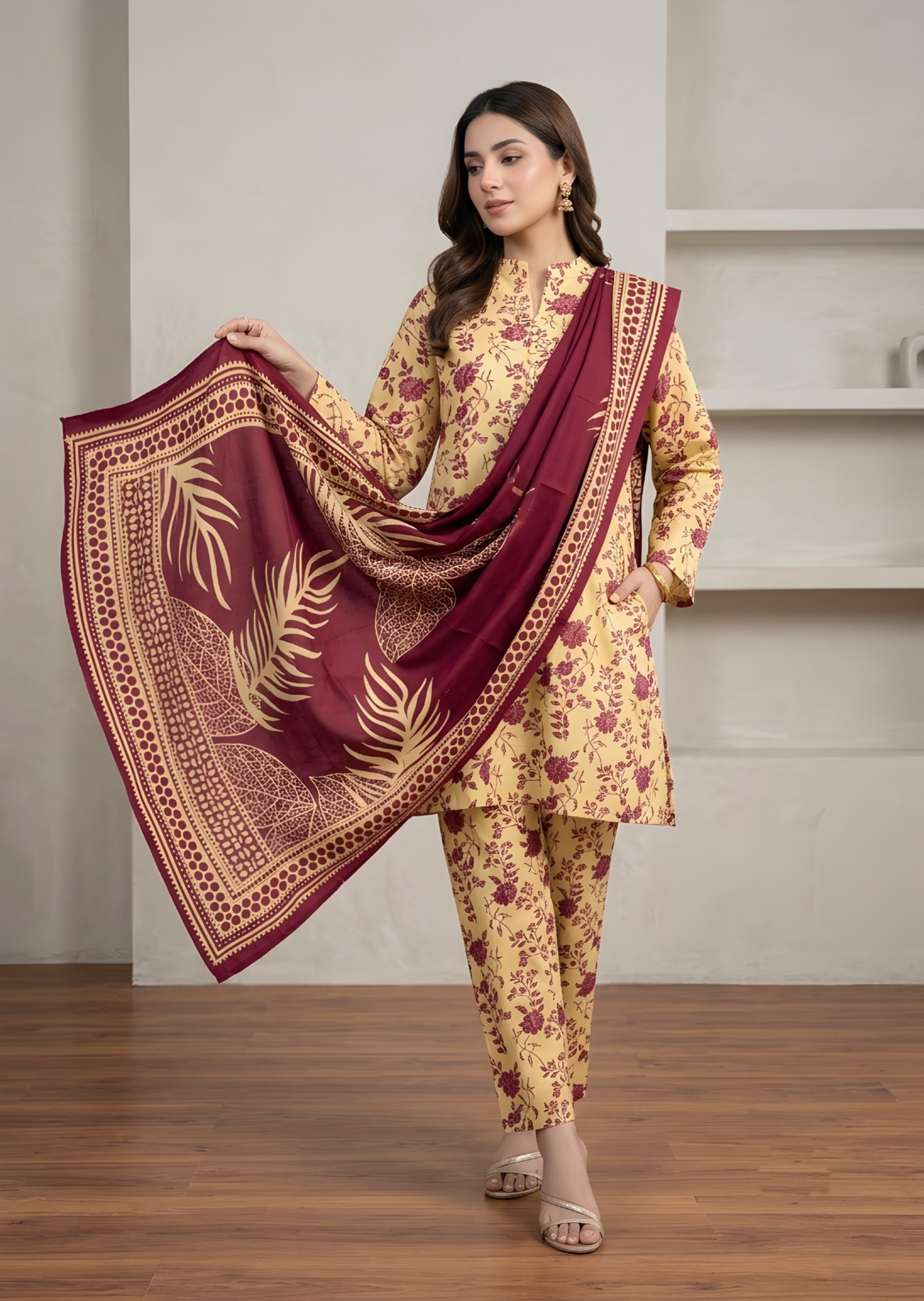 khaddar Kurta Set in Butter, burgundy