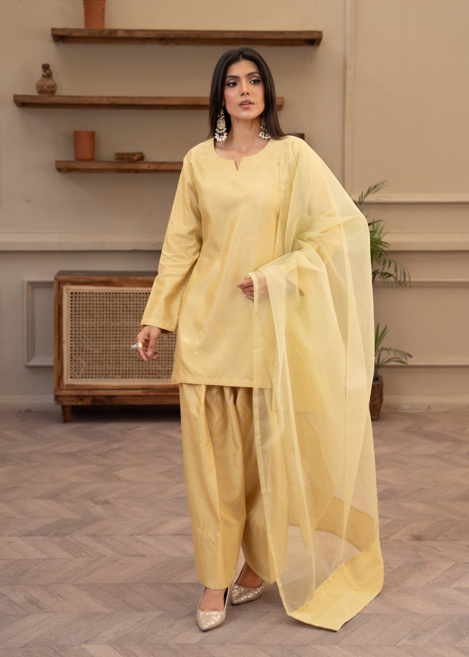 indian raw silk Kurta Set in Mari gold