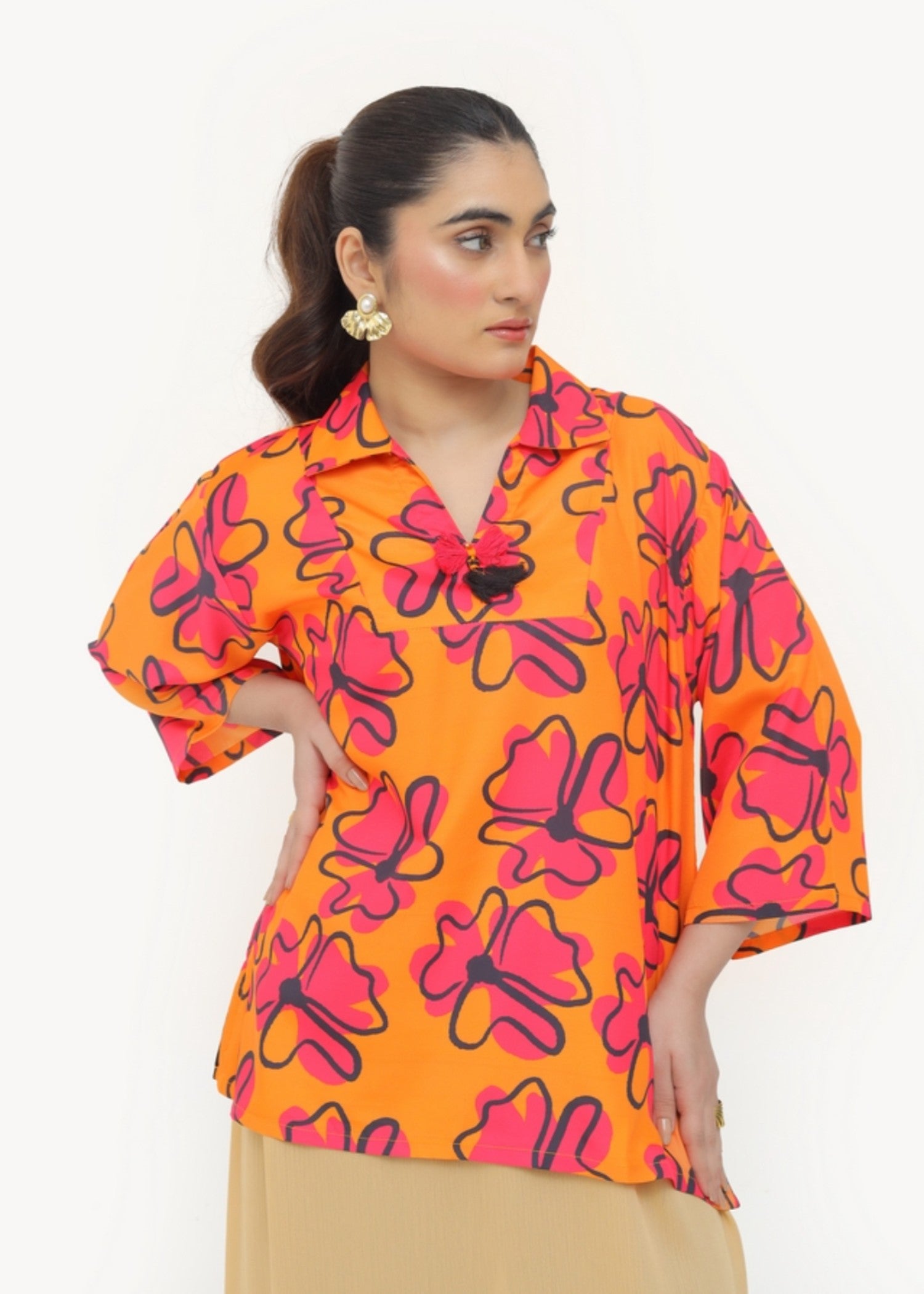 silk finish lawn Top in Coral orange