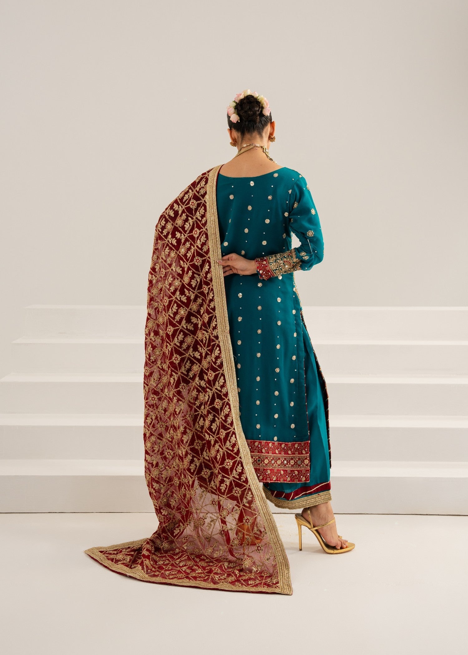 chiffon Kurta Set in Pine green