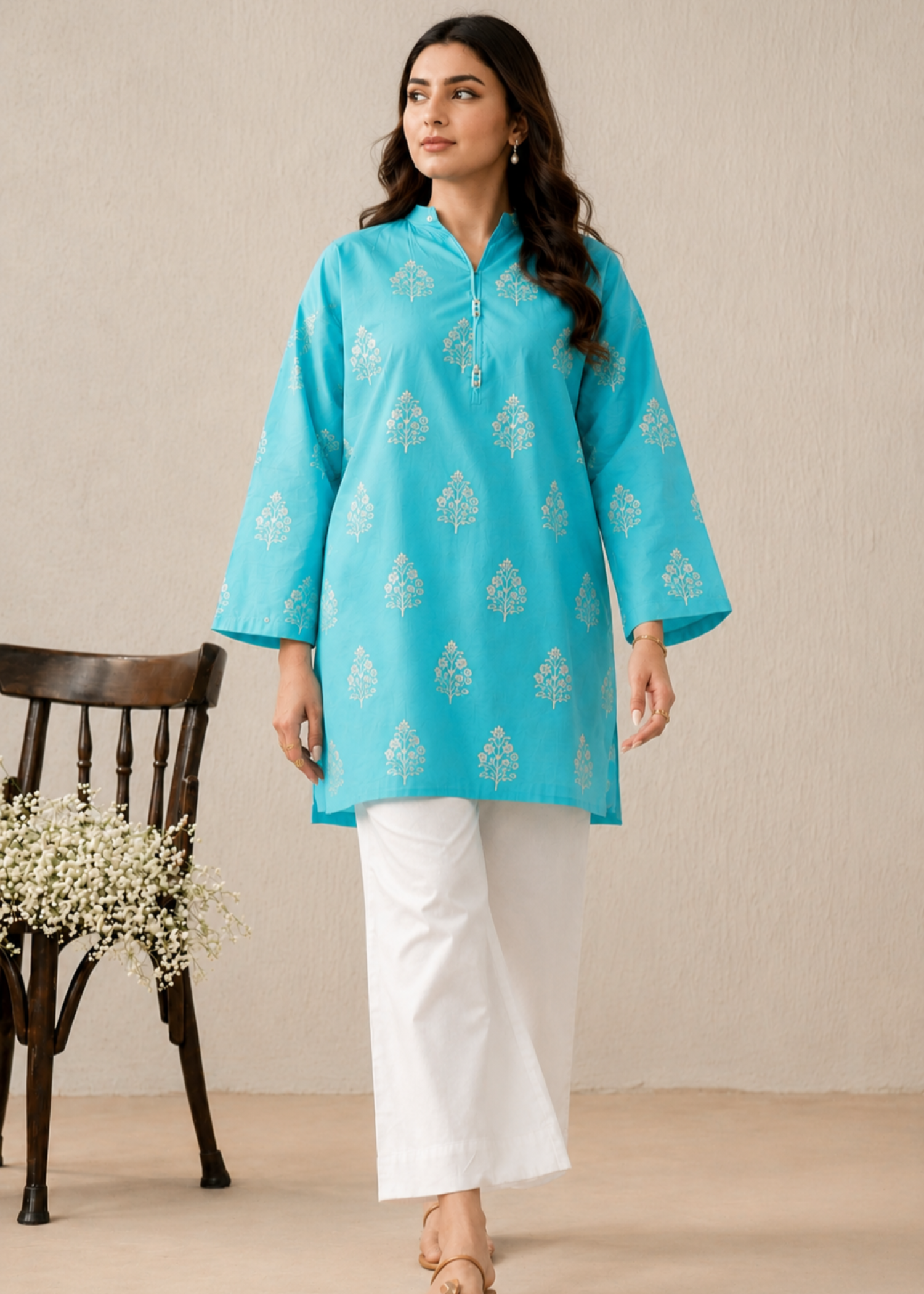 lawn Kurta Set in Turquoise
