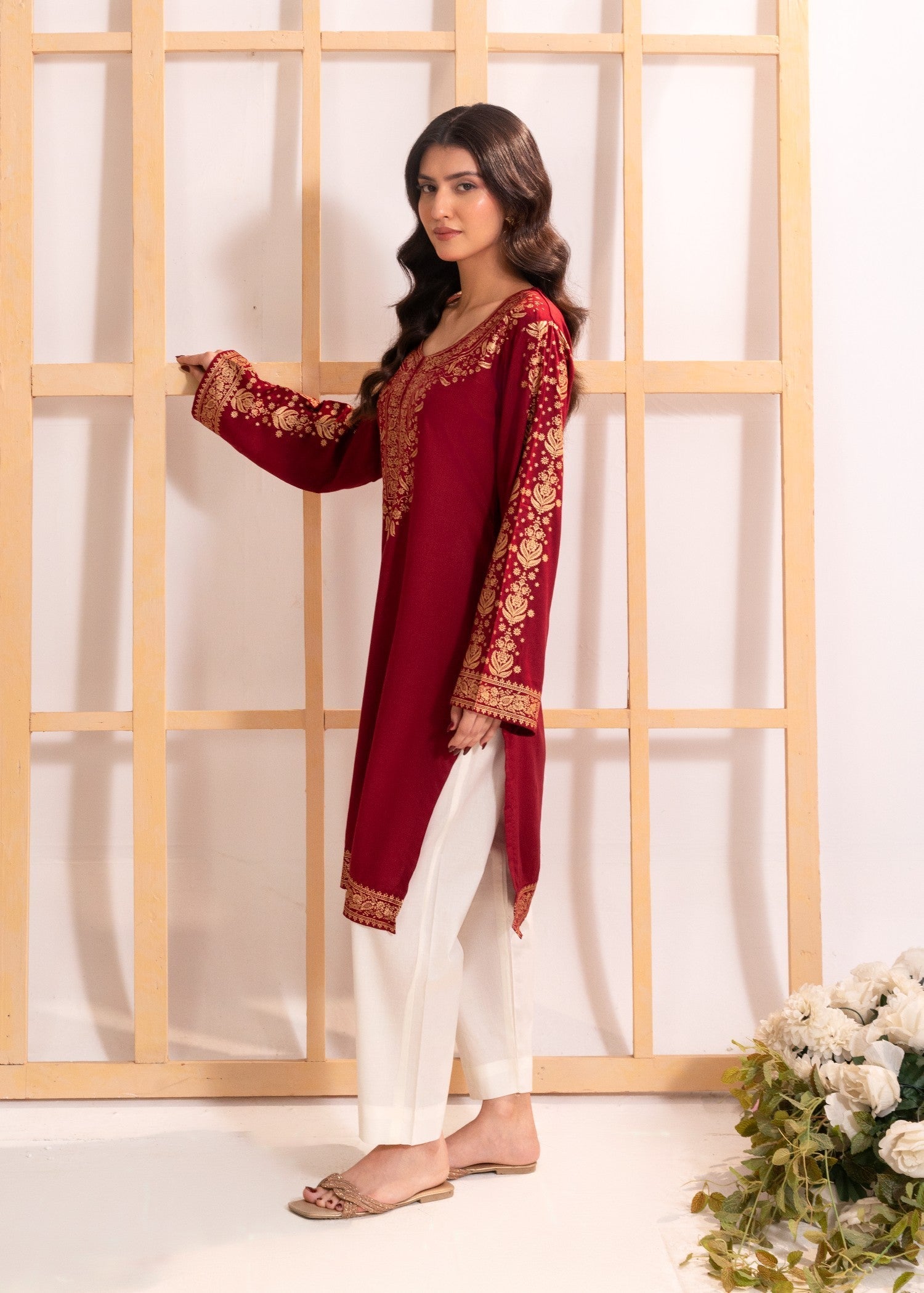 linen Kurti in Maroon