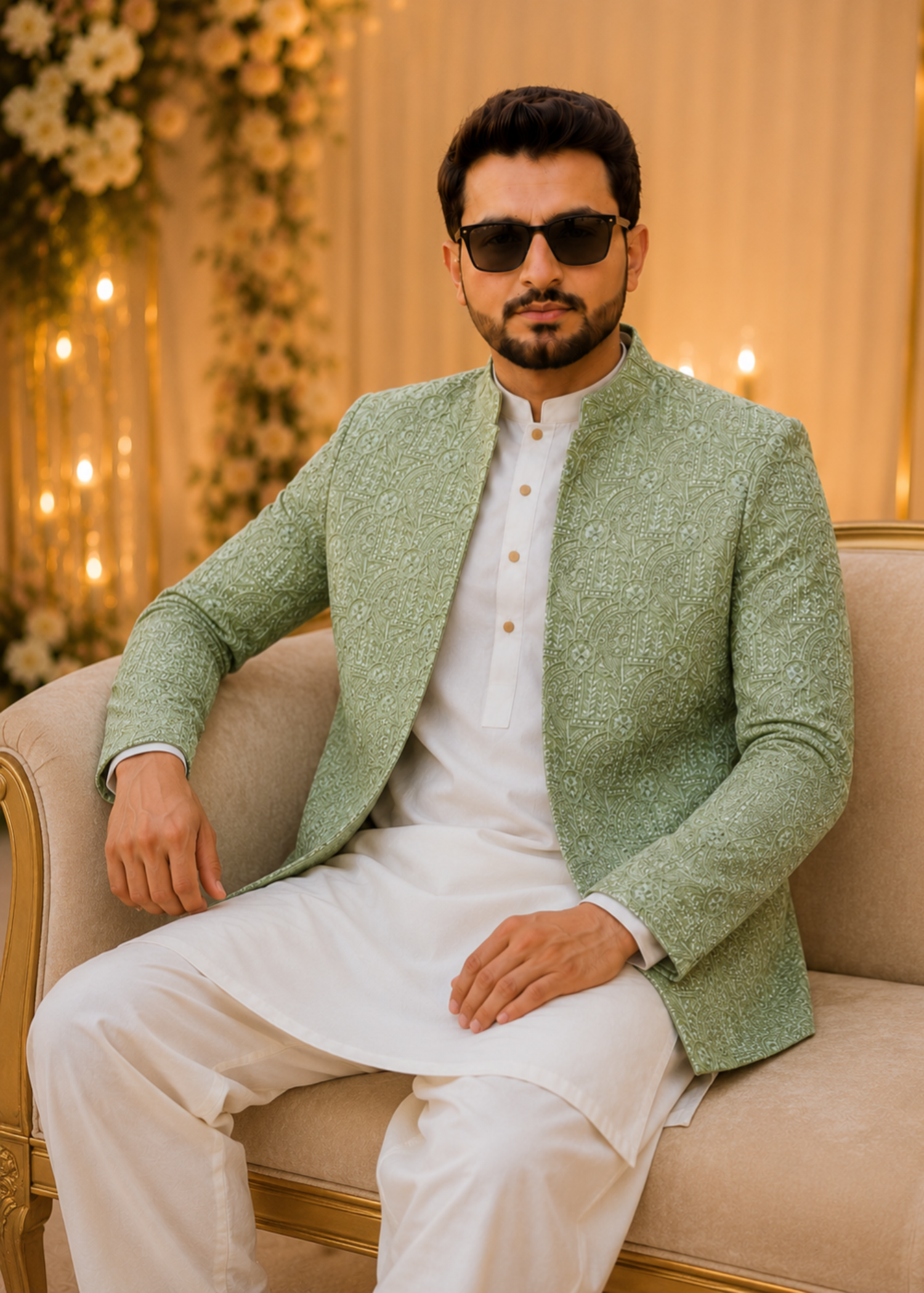 jamawar Prince Coat in Mint green