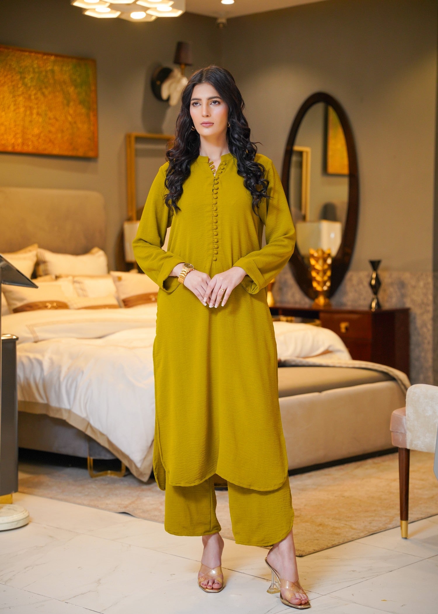 poly lawn Co Ord Sets in Olive green