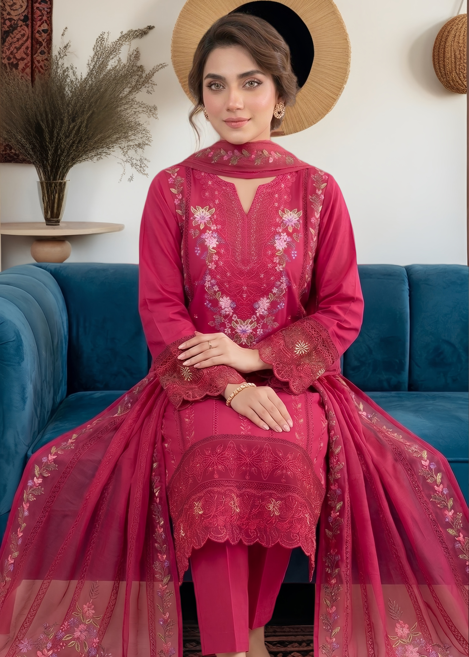 lawn Kurta Set in Cherry red