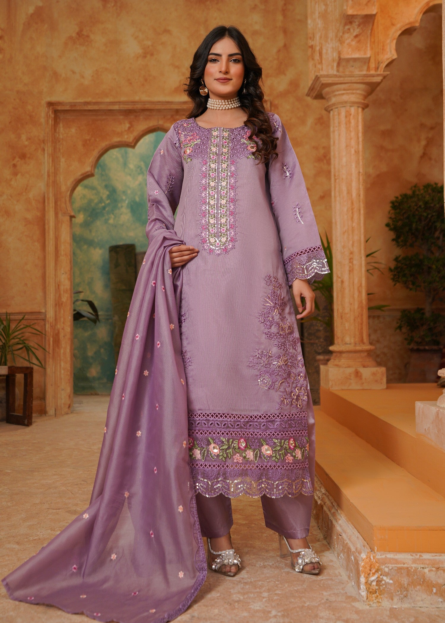 khaddi net Kurta Set in Lilac, heathered lilac