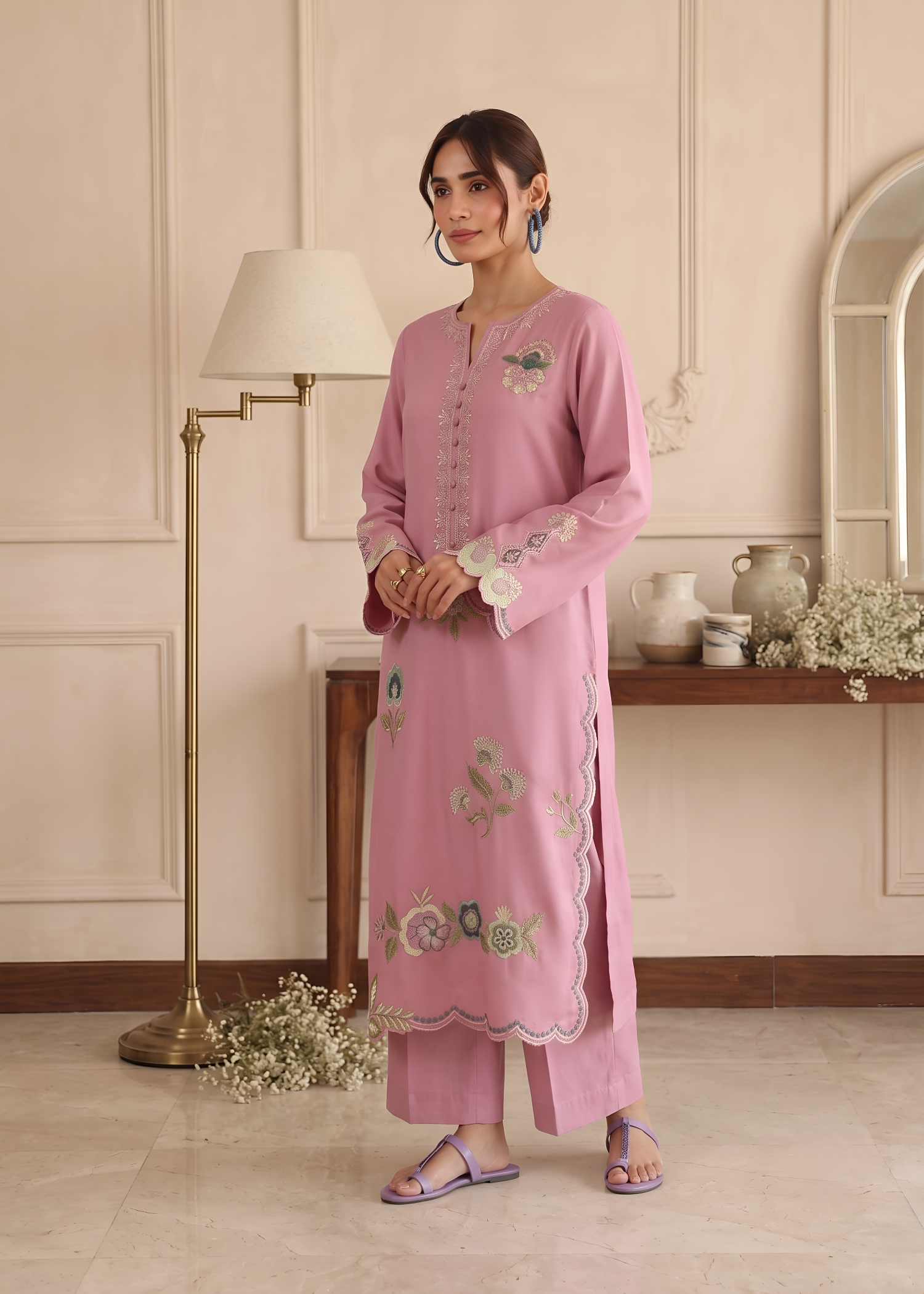 linen Kurta Set in Light pink