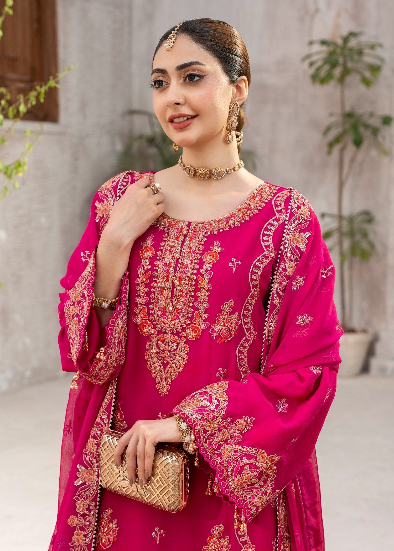 chiffon Kurta Set in Hot pink