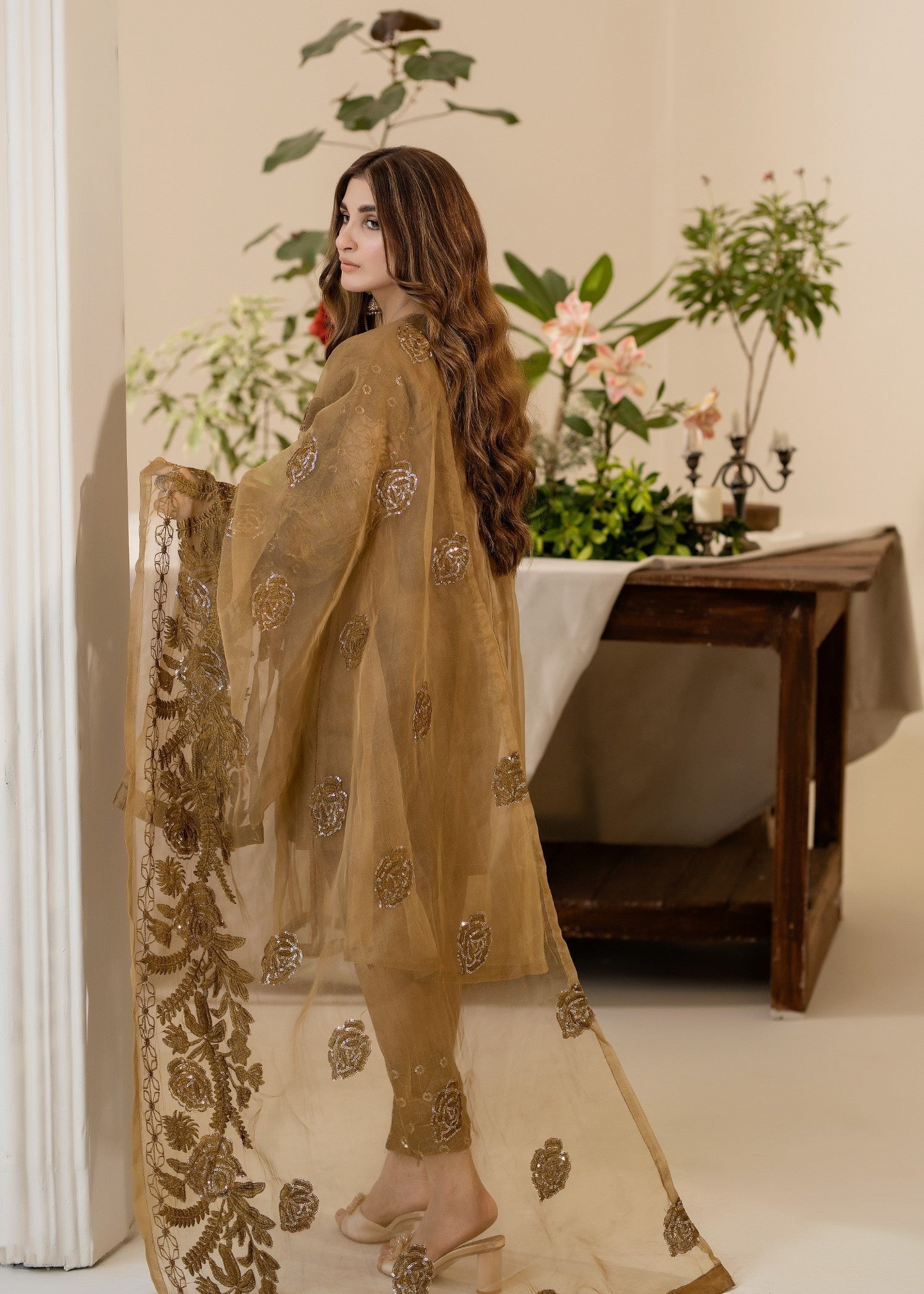 organza Short Frock in Coffee brown