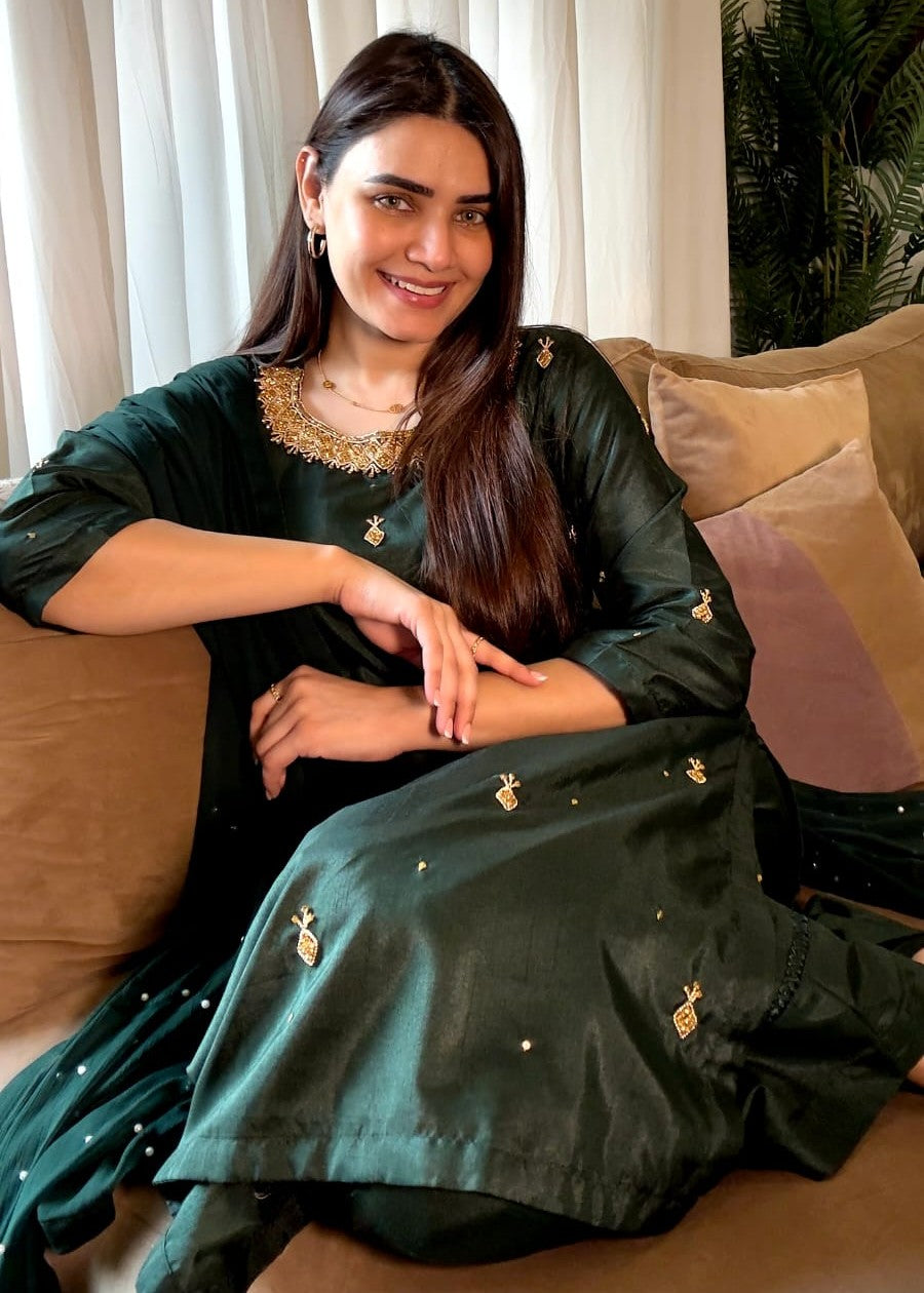 cotton silk Kurta Set in Bottle green