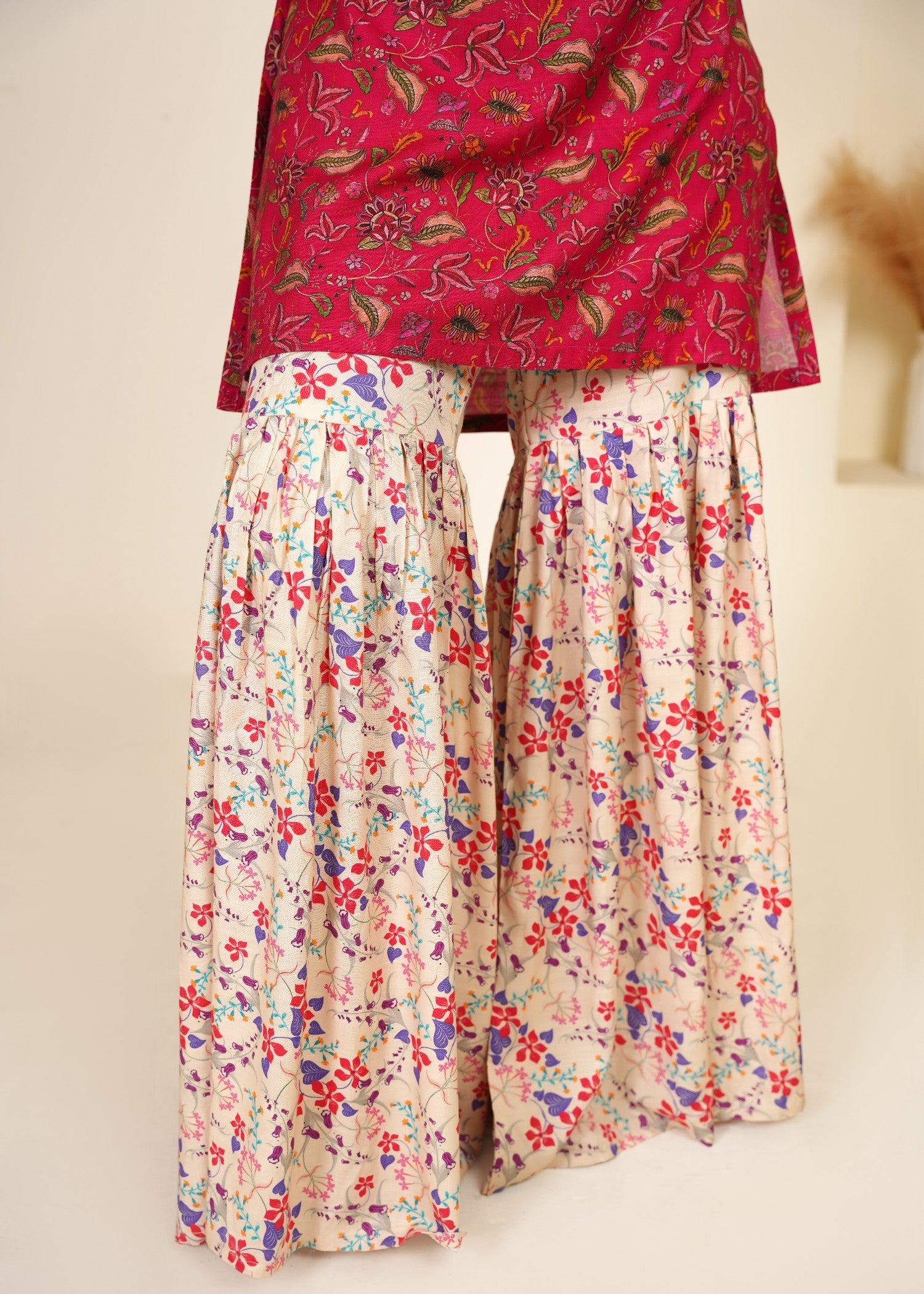 peach wool Gharara in Milk, deep pink