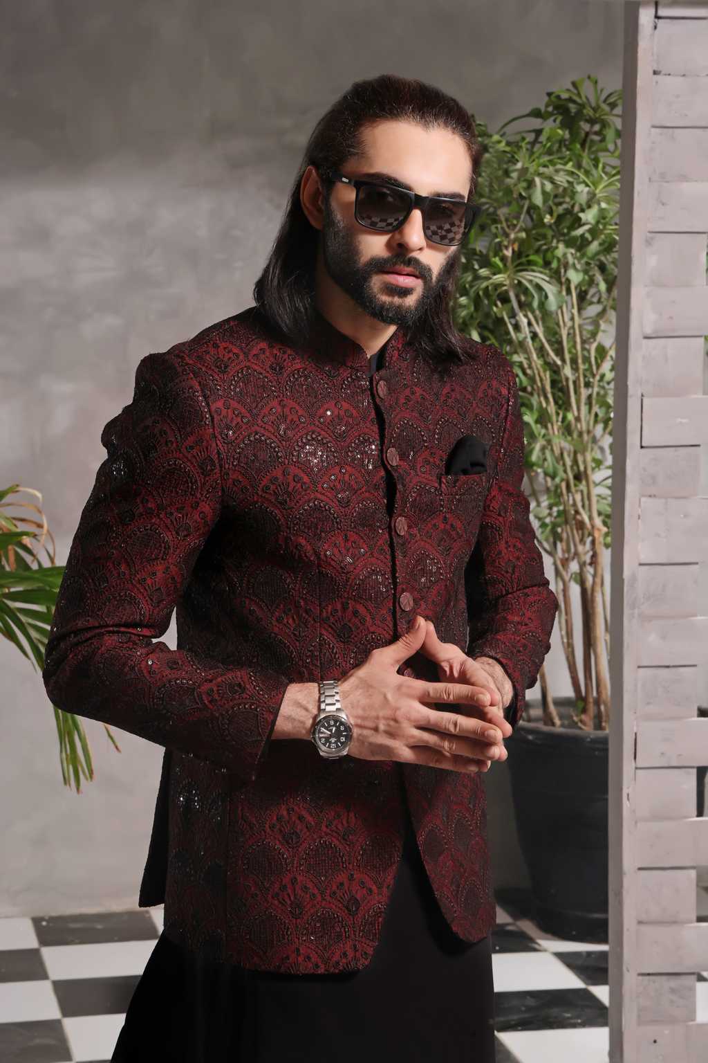 jamawar Prince Coat in Maroon
