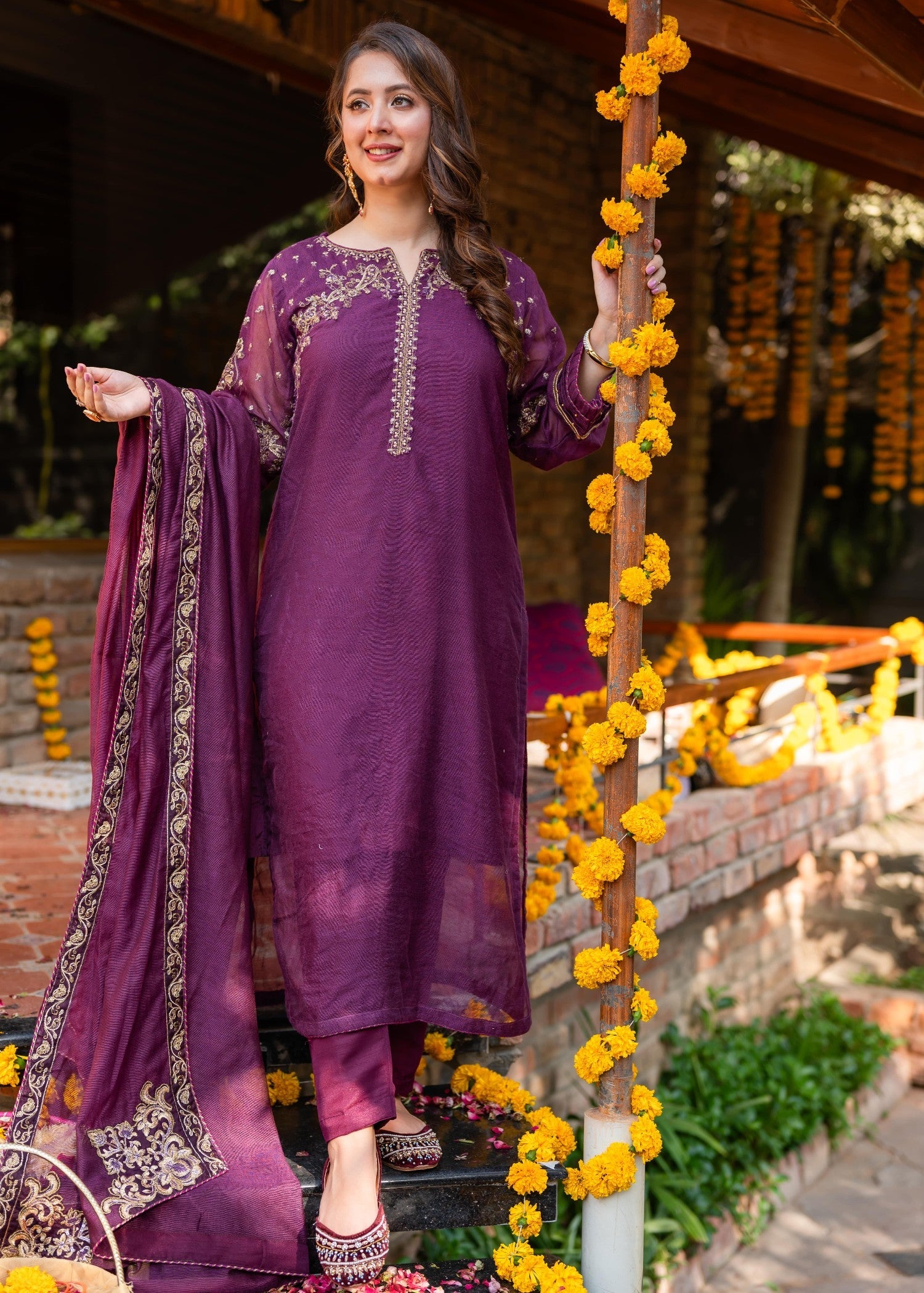 khaddi net Kurta Set in Purple