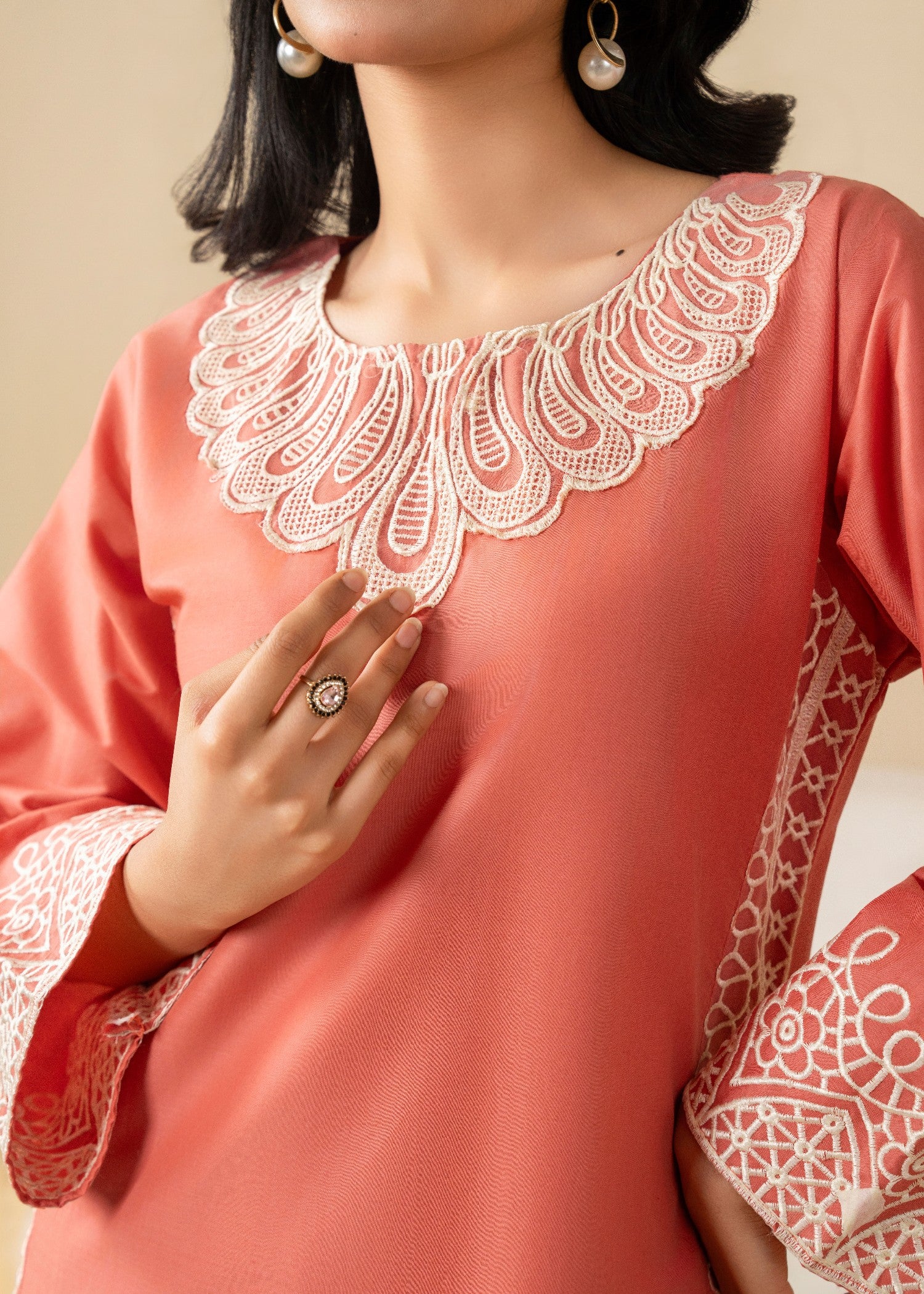 lawn cotton Kurta Set in Peach pink