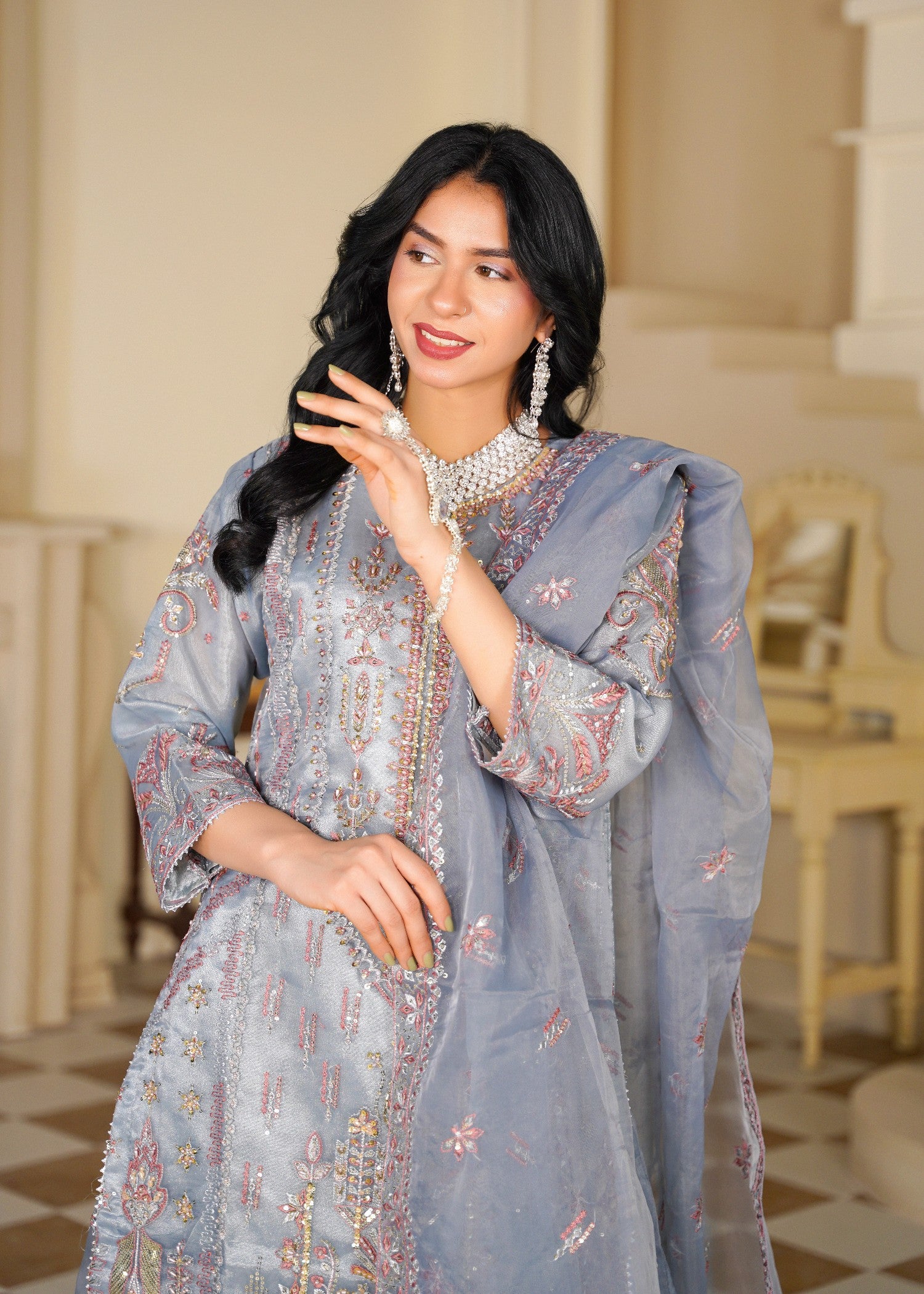 organza Sharara in Steal grey, silver