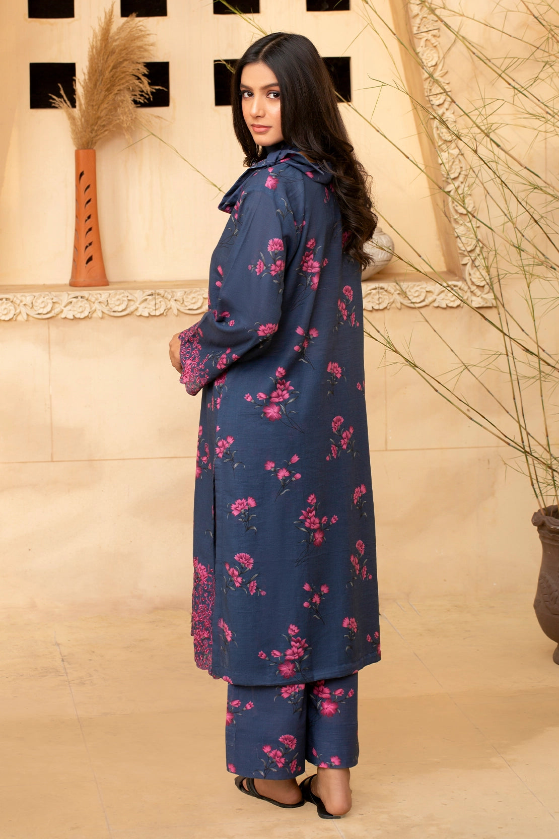 twill khaddar Unstitched in Navy blue
