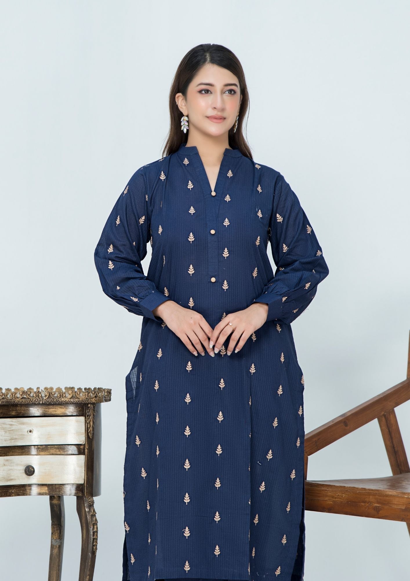 lawn cotton Kurta Set in Prussian blue